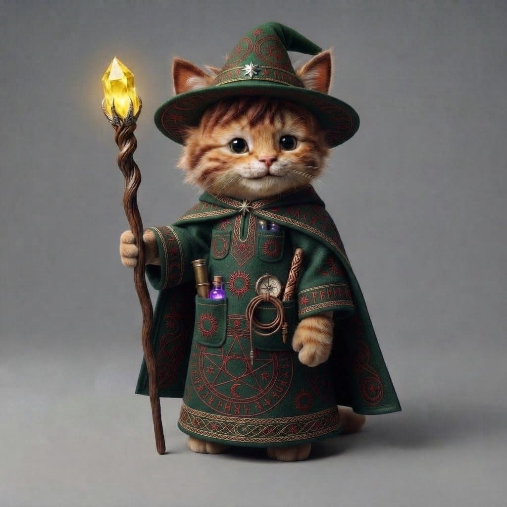 AI Design for Take this cat all of its main features details hair for stripes tips on its cat ears the colors the style everything and put on this blue wizard robe except I wanted to be short sleeved including the Cape at all the things in his pockets just make it really fantasy but make it like green with red accents in a pattern and that's it