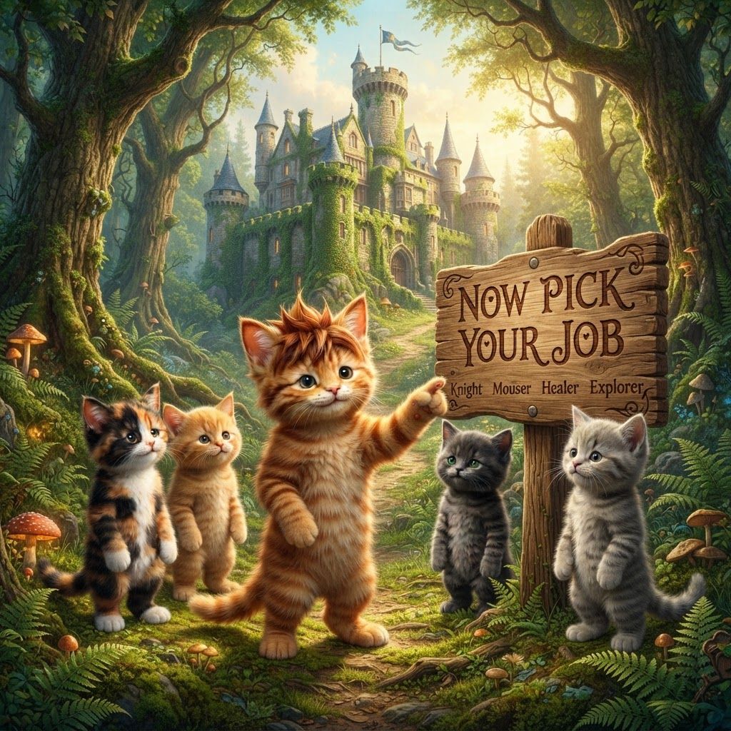 AI Design for So make these cats be in a fictional Forest with the castle and assigned it says now  pick your job with the orange tabby ginger CAD with the brown stripes be like in the focus and he's pointing to the sign of his finger