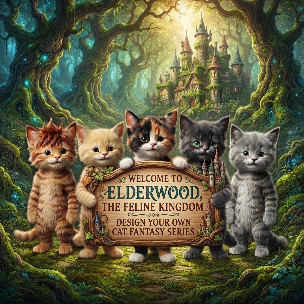 AI Design for All right do this cat and it's group holding a sign like design your own cat fantasy series like like welcome to cat like the feline Kingdom and then it's like design your own cat and it should be like this forest with castles and stuff like that and it's a sign that says welcome to elderwood the feline Kingdom or the feline Forest okay and it's like design your own cat