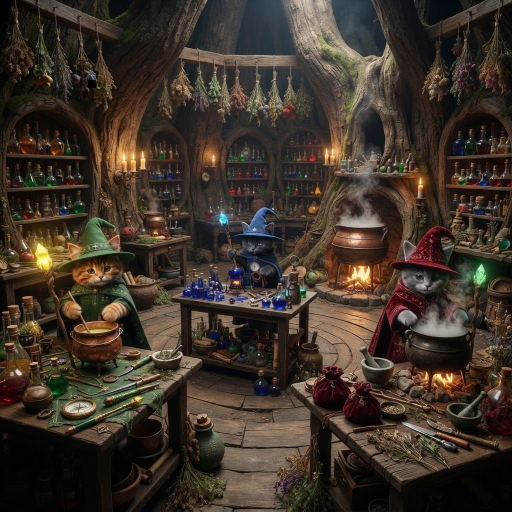 AI Design for 🧪 3. Potion Brewing Floor
PHOTOREALISTIC LIVE-ACTION DARK-FANTASY POTION WORKSHOP inside an enormous hollow tree. A spacious circular floor dedicated entirely to potion brewing by three bipedal cat wizards.
Multiple heavy wooden worktables fill the room, covered with colorful potion bottles, ceramic bowls, mortar and pestles, knives, herbs, berries, flowers, strange fictional fruits, glass flasks and carefully arranged ingredients.
Several large copper brewing pots and cauldrons sit over controlled magical fireplaces. Steam rises naturally from some of them.
Shelves carved directly into the living tree hold hundreds of colorful bottles containing amber, emerald, ruby-red, sapphire-blue and violet liquids. Dried plants and strange ingredients hang from ceiling beams.
Include three distinct workstations subtly reflecting the personalities of Walthazar, Jonathan and Bartholomew.
The room should look genuinely functional and well-used, like professional fantasy potion makers actually work here every day.
Photorealistic liquids, realistic glass, metal, wood and plant materials, practical candlelight, warm firelight, subtle magical glow, cinematic dark-fantasy cinematography, realistic atmospheric steam. No cartoon, no illustration, no anime, no 3D animation.