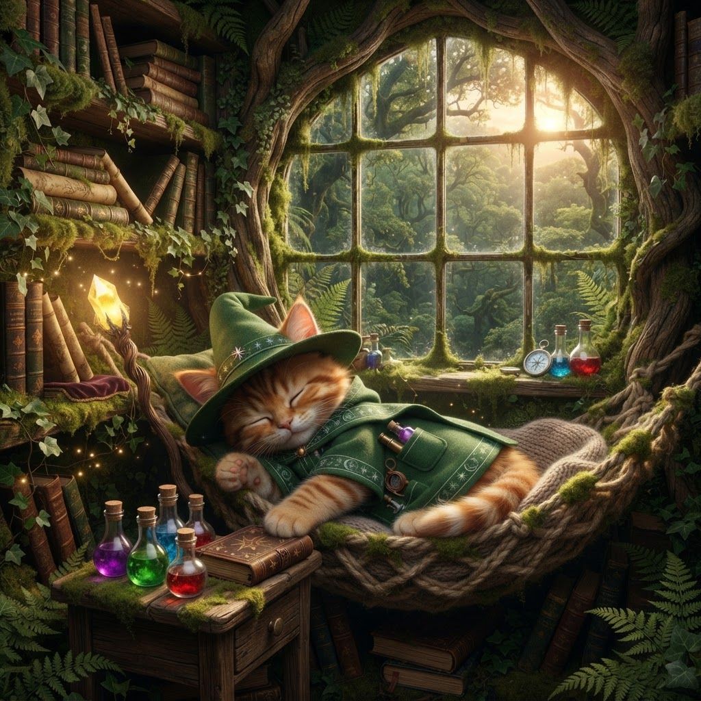 AI Design for 🌳 Greatwood Treehouse — wooden bedroom high among the branches, with a window overlooking the forest. Cat fantasy obviously like a bedroom that has like a hammock or something with this wizard cat sleeping I was like mossy and book shelves everywhere and this wizard like puts down his staff finally and he rest while he counts as potion bottles or something