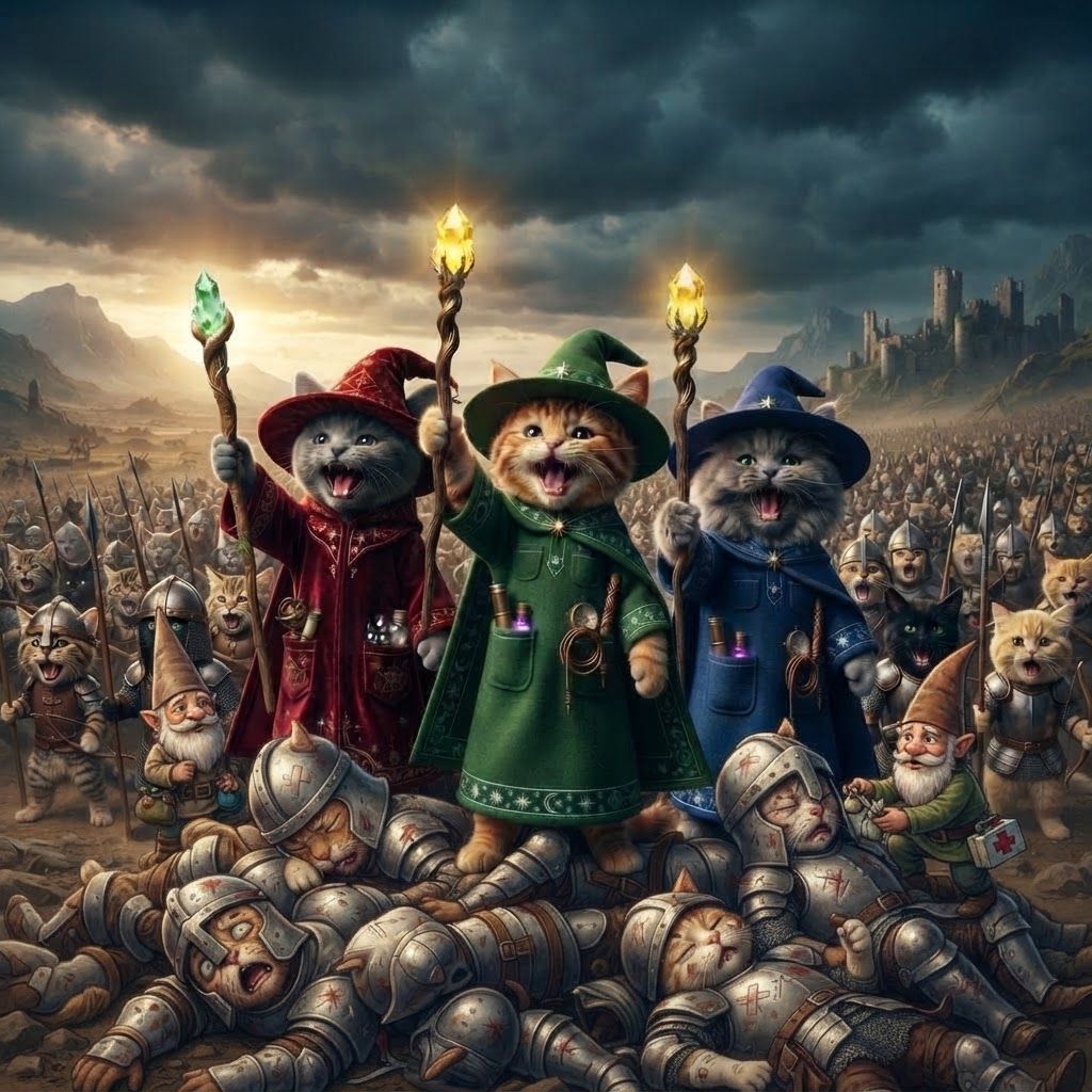 AI Design for Make the merge victorious on top of a pile of sleeping nights but they're not sleeping they're just knocked out like the they were hurt really bad and The Wizard cats are standing crowd and the gnomes are too which help them