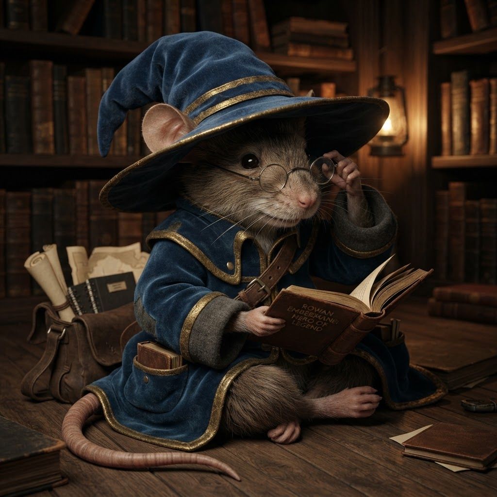 AI Design for Make this mouse character b and the particular style of this other image put him in the same position and remove the book on top of his head making more of him like a realistic Mouse and have some fun with it