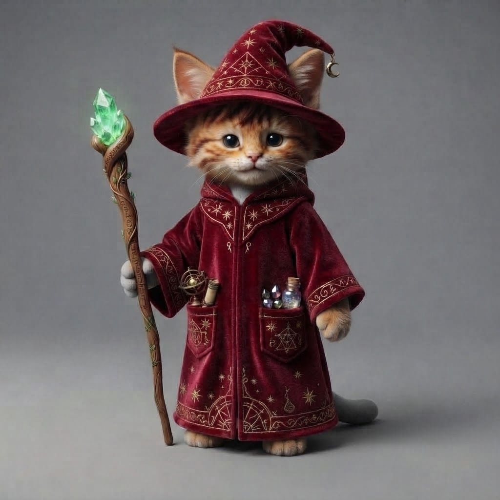 AI Design for Take the red wizard robe and place it on the tabby cat thank you very much and put all details from the cat like the colored ear tips and all so essentially take the clothes from the mannequin and put them on the cat make don't forget the paws and everything