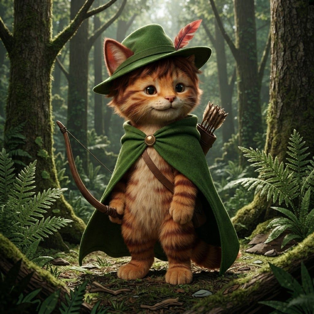 AI Design for The cat that I show you here on the image is how the image I want to look essentially a cat in a forest with all of these features with colored ear tips to stripes All across its body to the cloak to the Hat into all the features being present it make it into a more realistic cat it's still gave its hair that's reddish brown it's it's ears it's ear tips it's stripes on its cheeks on its whole body and really make it iconic in that fantasy feel mik the years follow a pattern with 1/3 of the ear on the top being reddish brown while whilst the other two-thirds are distinctly the orange for that he already has make it visible and distinctive make the make the stripes visible and not mutated with the skin make it very visible make him cute  make his stripes reddish brown give him his hair on the side on on the front on the back a bit and that's it essentially thank you and that is it essentially thank you
