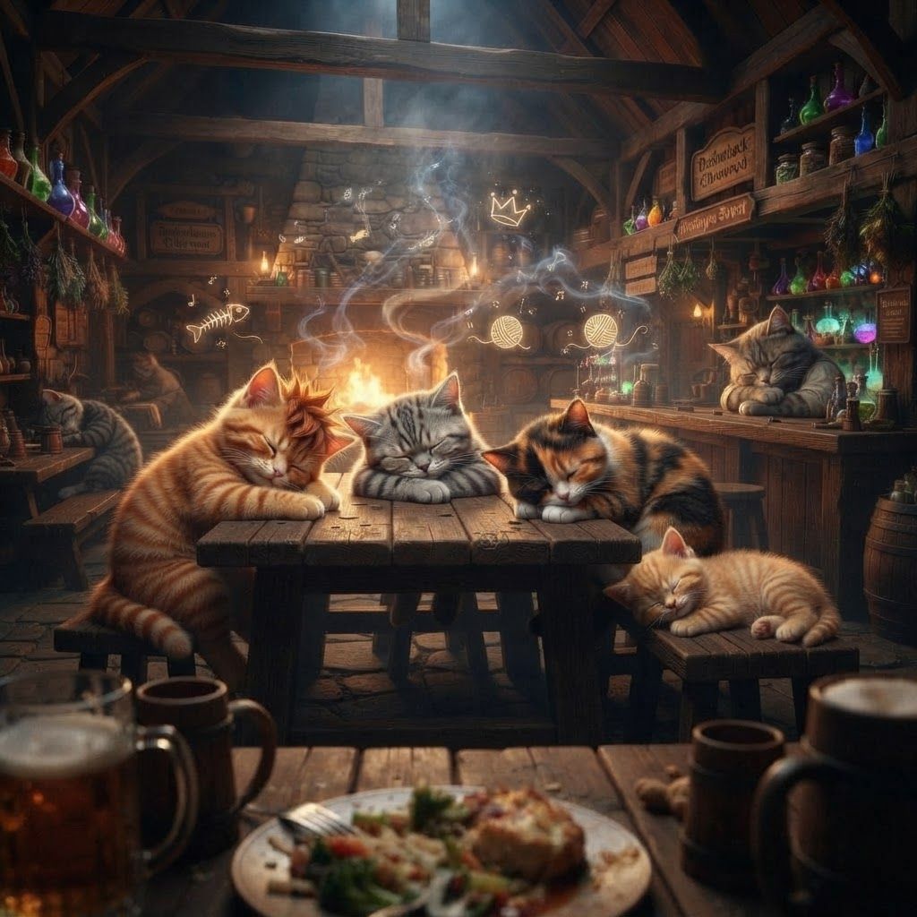 AI Design for Realistic point of view like you fell asleep in the tavern with the other cats who are also by pedal and kind of are all sleeping and dreaming