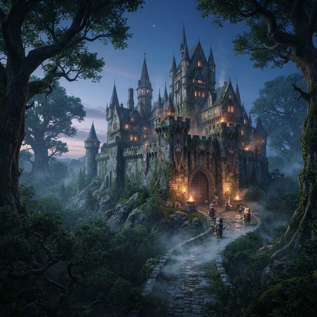 AI Design for 🏰 6. Elderwood Castle
Photorealistic cinematic dark-fantasy establishing shot of a magnificent medieval castle overlooking Elderwood. The castle stands on a rocky forested hill surrounded by enormous ancient trees. Tall gray stone towers, weathered walls, pointed rooftops, banners and glowing windows rise above the forest canopy. Ivy and moss naturally cover portions of the stonework. A winding stone path leads from the forest toward the enormous entrance gate. Small cat guards can be seen in the distant foreground near the gate, emphasizing the scale without becoming the focus. Warm torchlight contrasts against the cool blue evening sky and dark green forest. Light mist surrounds the base of the castle. Realistic stone, vegetation, fabric, firelight and atmospheric perspective, cinematic dark-fantasy movie still, subtle film grain, majestic but believable, no cartoon or illustration.