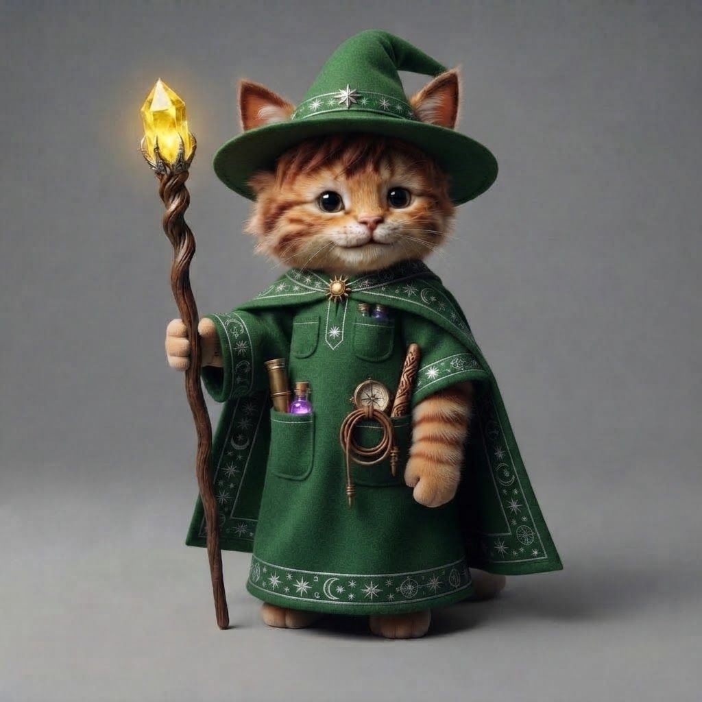 AI Design for Take this cat all of its main features details hair for stripes tips on its cat ears the colors the style everything and put on this blue wizard robe except I wanted to be short sleeved including the Cape at all the things in his pockets just make it really fantasy but make it like green essentially the whole outfit would be green with the little like pocket accessories and obviously don't make the pocket accessories green just the whole robe and hat would be green with obviously some like parts
