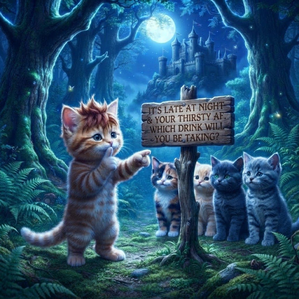 AI Design for Recreate this image with these cats but instead of a sign it says on the sign it's late at night in your thirsty AF which drink are you drinking or like which drink will you be taking and it's like actually night at in the image and it's like beautiful like the kind of shushing but also pointing at the signal fits a other hand
