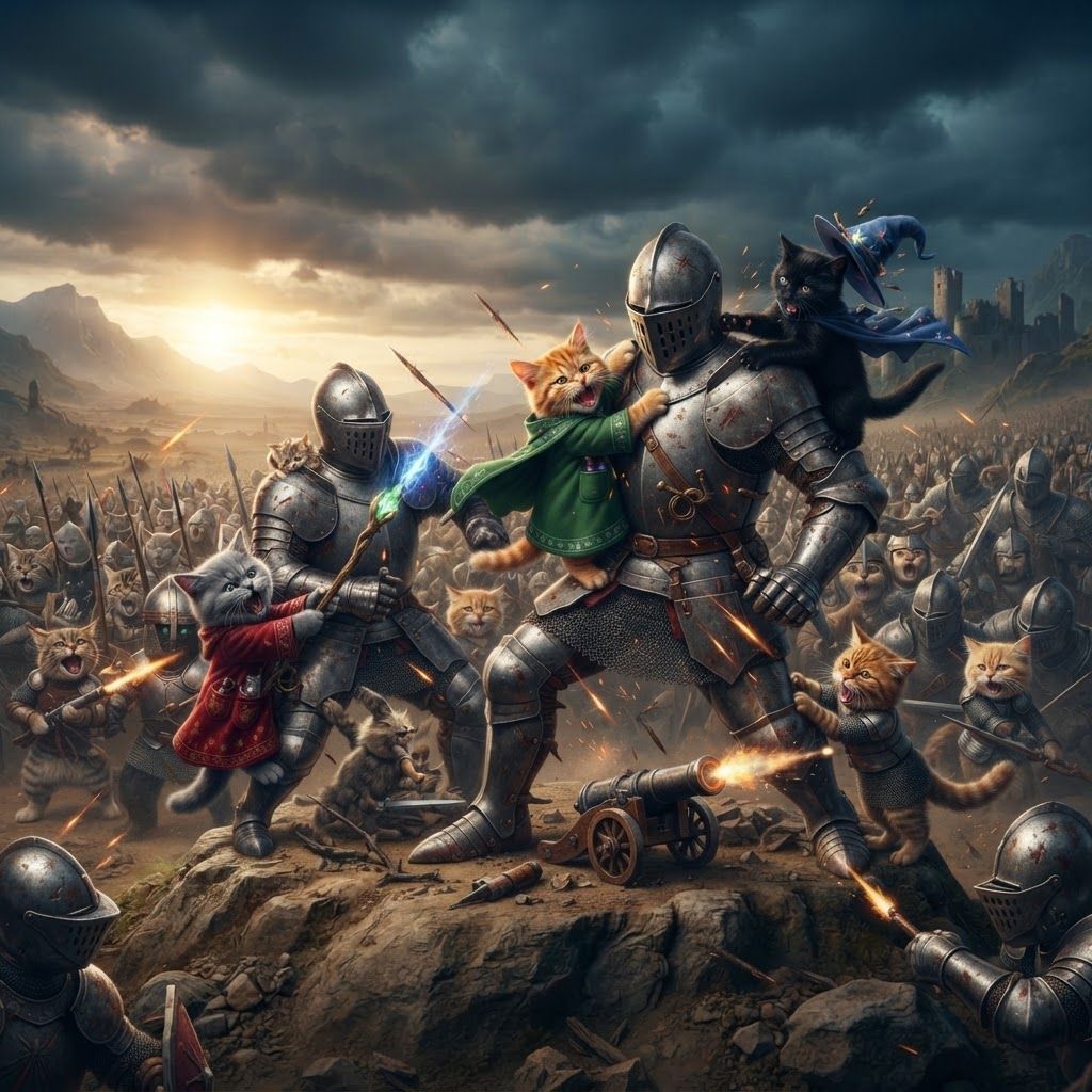 AI Design for Turn the blue wizard cat skin black and make them fight nights like really strong tall super tall Knights they're not super tall but like almost tripled their size like three times one cap and they're all fighting them and they're climbing on them and they're scratching biting sending cannonballs all to the Knights to try to stop them