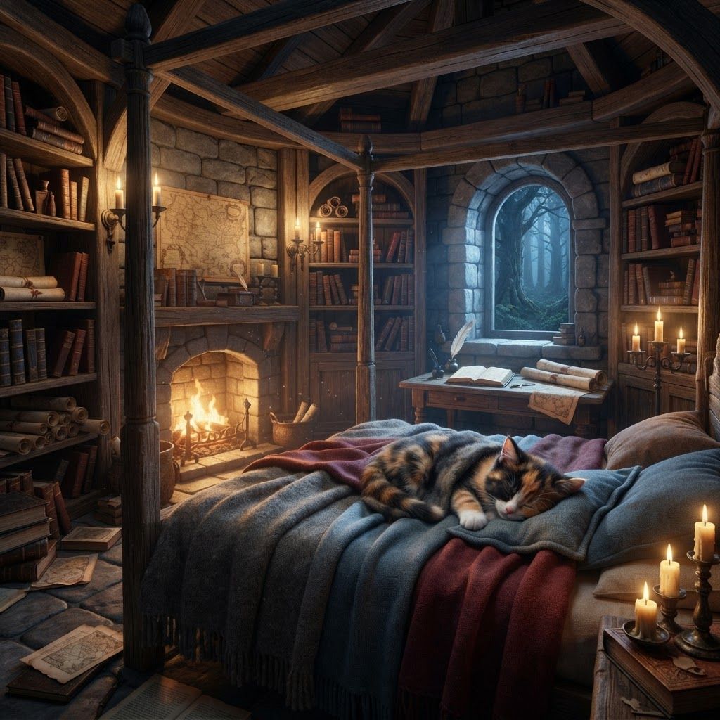 AI Design for ? Archive Loft — Revised Prompt
> A cozy medieval fantasy bedroom hidden inside the upper loft of an ancient woodland archive in Elderwood. The room has a gray, deep red, and muted blue color palette, with aged gray stone and weathered wooden beams. A large, tall four-poster bed dominates the room, covered in soft gray, deep red, and blue blankets. A calico cat librarian is peacefully sleeping in the bed, comfortably curled beneath the blankets.
A warm fireplace burns beside the bed, casting beautiful golden light across the cool gray walls and creating a cozy contrast with the red and blue furnishings. Huge bookshelves surround the room, filled with old books, scrolls, maps, manuscripts, ink bottles and quill pens. A wooden writing desk sits nearby with an open book and several carefully rolled maps.
A small arched window overlooks the dark Elderwood forest, with faint moonlight filtering through the trees. Candles, old brass fixtures, subtle dust particles, and tiny details of a working librarian's life make the room feel genuinely lived-in.
Realistic woodland fantasy aesthetic, cinematic dark-fantasy atmosphere, warm fireplace lighting, cool gray shadows, rich muted red and blue accents, detailed natural materials, nostalgic forgotten-childhood-fantasy feeling, beautiful and peaceful, slightly mysterious, believable medieval architecture, no modern objects.