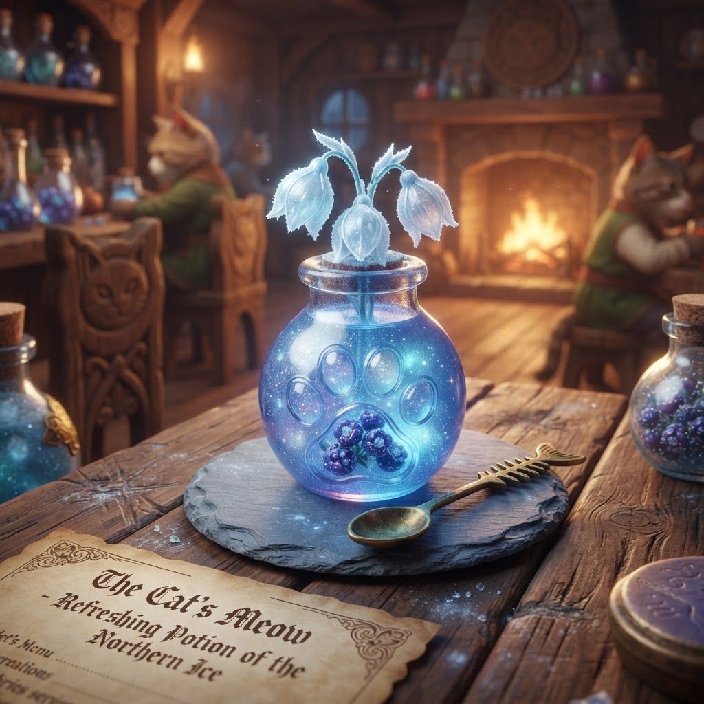 AI Design for Design a cooling potion for a cat fantasy kind of series that is like blue white glittery and include some cool berries along some like Icy flower pod and give it this like special feel like it's in a tavern like served to you nostalgicmake a colorful but don't over complicate the design
