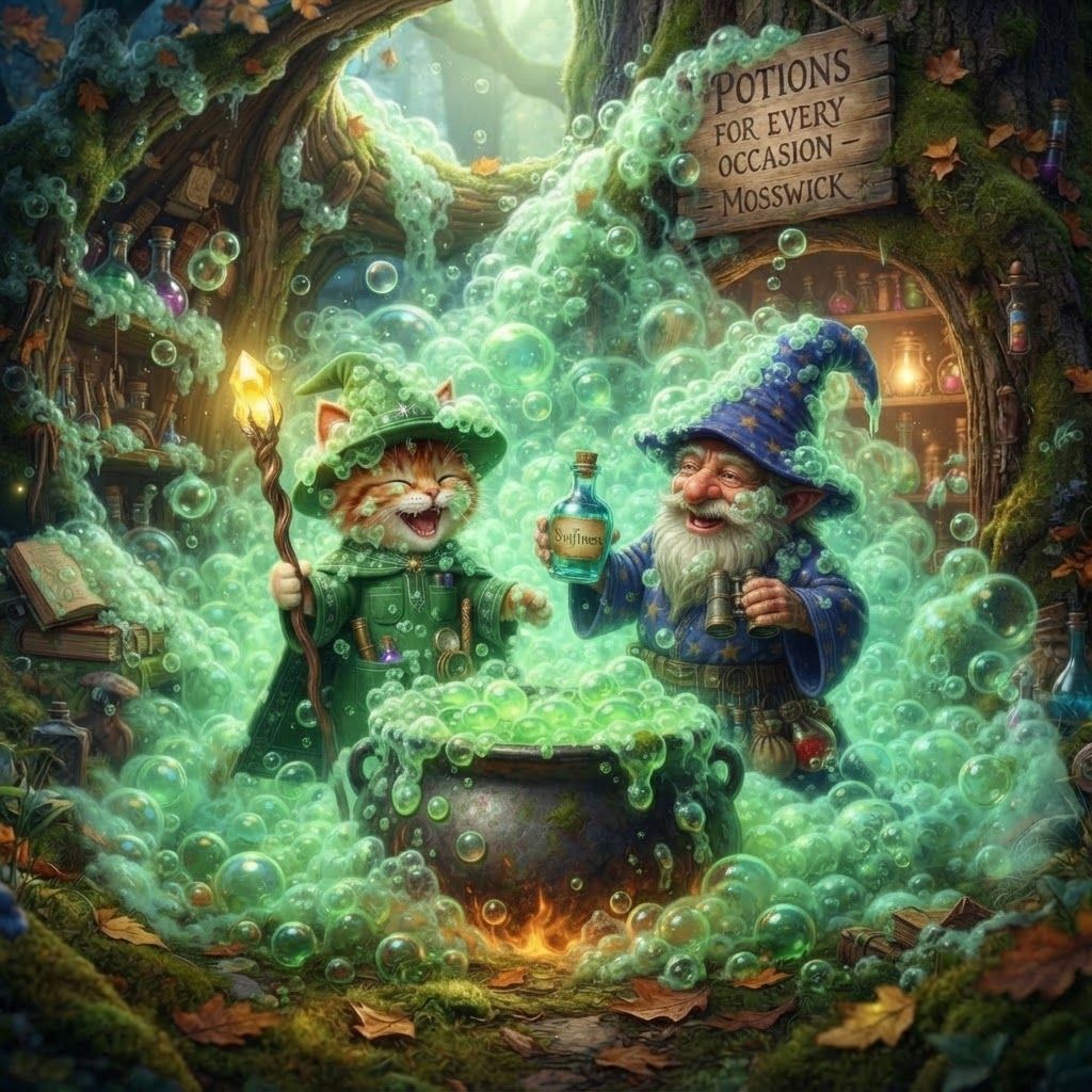 AI Design for All right this is what I want you to do take this design take all the elements like the colored ear tips like the stripes the color the fur everything put in in a forest I was like leaves everywhere and I like this wooden part or like put part or like an engraved house where this cat and the snow or both together cooking a potion and laughing because he got all physically and kind of filled the whole room but you can still kind of see everything