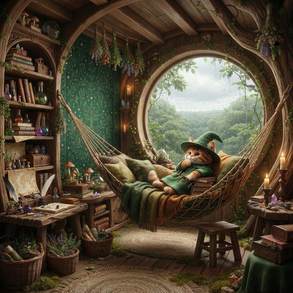 AI Design for Yeah, I see it — not just a rustic little wizard bedroom, but a genuinely beautiful, richly decorated room that still feels cozy and lived-in.
🌿 Walthazar's Bedroom — Refined Description
Walthazar's bedroom sits on the highest floor of Wizard's Hollow, nestled inside the upper trunk of the enormous hollow tree. The room is fairly spacious, but its rounded wooden walls, low ceiling, and tucked-away position make it feel intimate and snug without being cramped.
The centerpiece is a beautiful deep emerald-green tapestry hanging across one of the curved wooden walls. It's richly woven with subtle woodland patterns—leaves, twisting branches, tiny stars and perhaps an understated Embermane motif. The green fabric gives the room a warm, magical identity and contrasts beautifully with the natural brown wood.
A huge rounded window looks directly out over the Elderwood canopy. The treetops stretch into the distance beneath the window, making the room feel like it's sitting high above the entire forest. Soft daylight filters through the leaves and illuminates the room naturally.
Walthazar sleeps in his large hanging hammock, suspended securely between sections of the tree. It's filled with soft blankets and pillows in earthy greens, browns and warm amber tones. A little wooden step or stool sits beside it.
The room is filled with interesting little belongings everywhere:
📚 Tall stacks of spellbooks and old journals
🧪 Colorful potion bottles and glass flasks
🌿 Dried herbs hanging from wooden beams
🍄 Small potted mushrooms and plants
🕯️ Candles in carved wooden and iron holders
🗺️ Rolled maps tucked into shelves
🪶 Quills and ink pots
🔮 Small magical curiosities and crystals
🪵 Carved wooden boxes containing mysterious ingredients
🧺 Baskets filled with herbs and collected forest materials
Some shelves are built directly into the tree itself, following the curves of the trunk. Others are freestanding, handmade pieces of furniture.
There are soft rugs and mossy patches across the wooden floor, giving the room a natural forest-floor feeling. Little vines creep around the edges of some shelves and window frames.
The room isn't messy—it is beautifully cluttered. Everything feels like something Walthazar has collected during his life: books he's actually read, potions he's made, plants he's gathered, maps he's explored and little objects he simply thought were interesting.
The overall palette is emerald green, natural walnut-brown, warm amber, muted gold and touches of earthy orange, making it feel unmistakably like the bedroom of an Embermane wizard living inside an ancient forest tree.
It should feel like the kind of room where you could spend an entire rainy afternoon reading beside the window. 🌿📚🧪