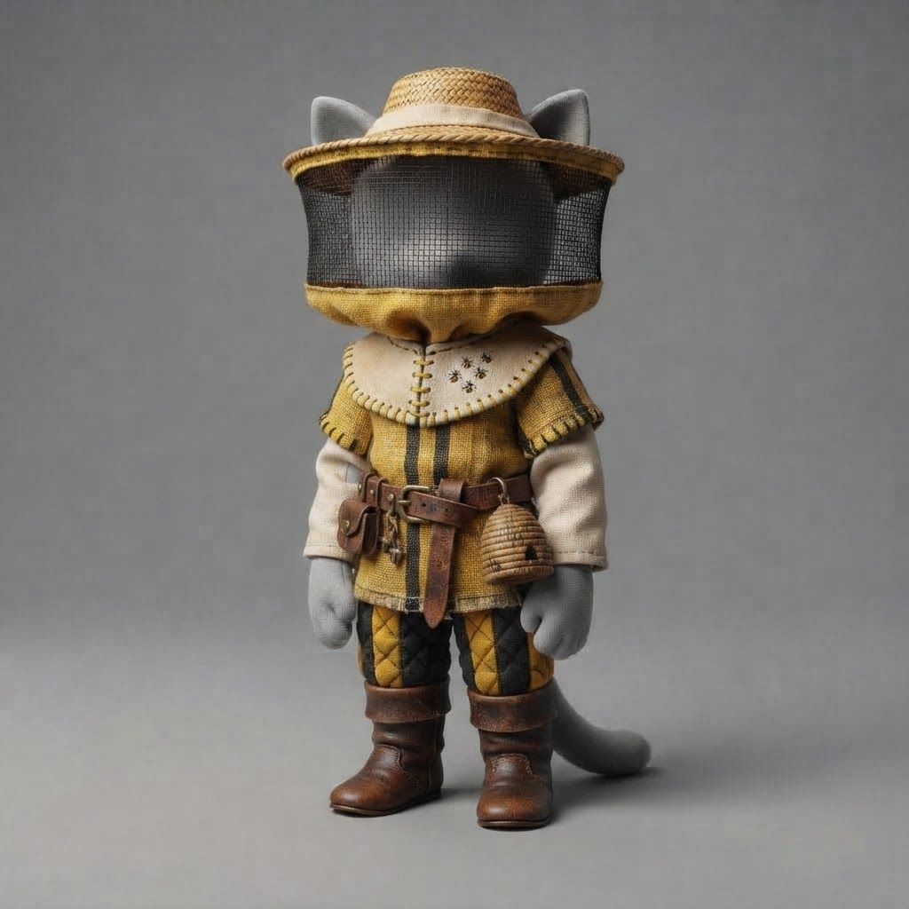 AI Design for I am writing a cat fantasy series and this is a mannequin for a cat clothes base so design and outfit for a beekeeper on this mannequin thank you very much and make the overall clothes like medieval and basic and colorful the clothes for a beekeeper gonna be yellow black and beige cream