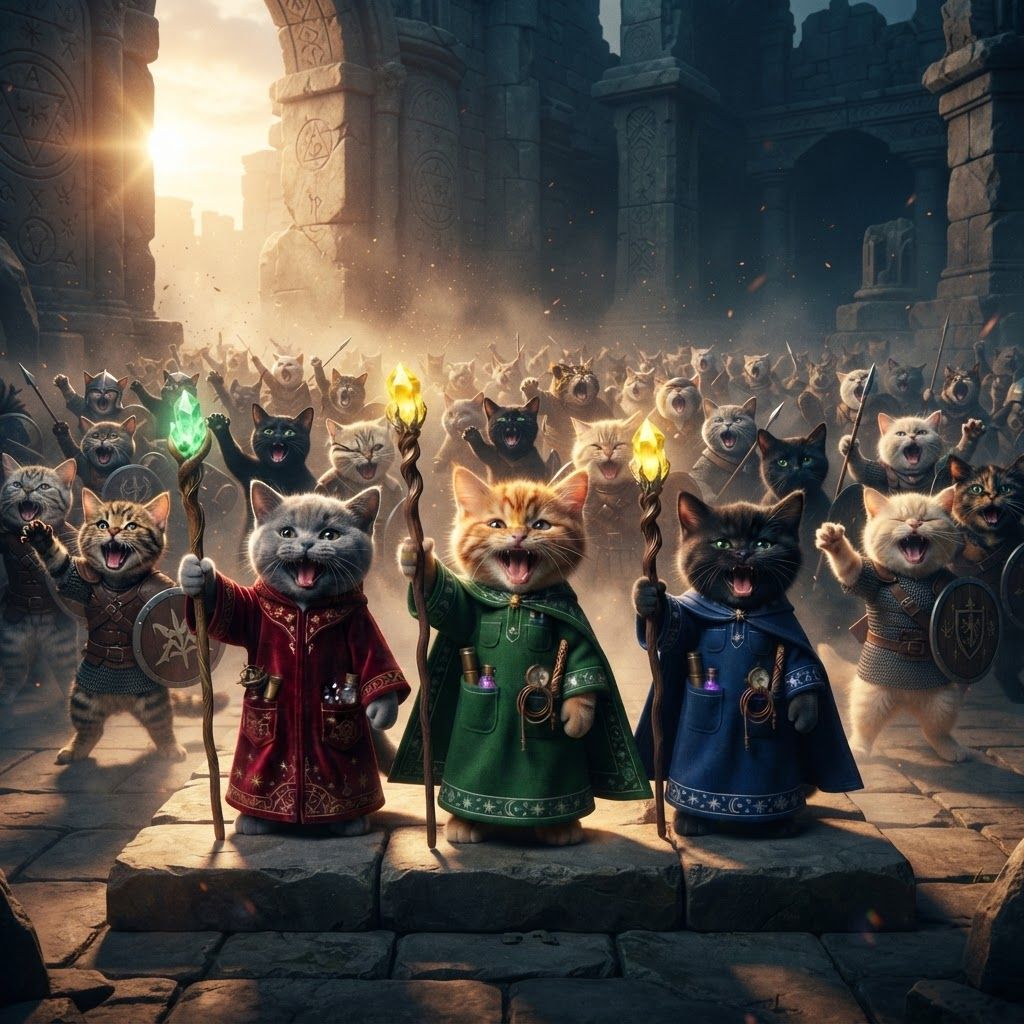 AI Design for On a pretty cool image with so nice lighting and stuff like cinematic lighting make these three cats scream and hold their stands up staff and kind of scream behind them is a cat army of different cat Warriors that are either like tabby kittens like the green wizard black cats like the blue were gray cats maybe blonde all also like Warriors screaming