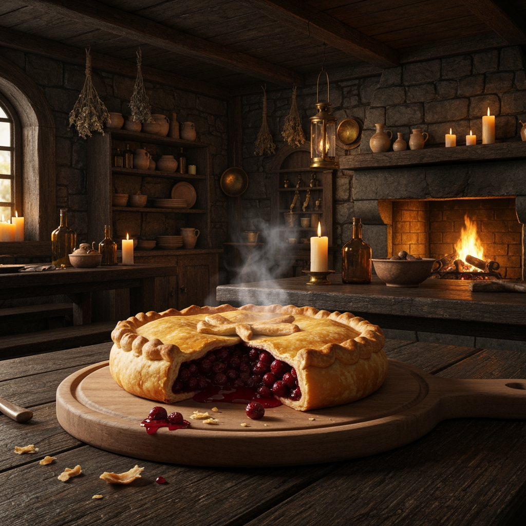 AI Design for 🥧 Example — Thornberry Pie
A rustic Thornberry Pie sits on a heavy wooden serving board. It has a beautifully baked golden-brown flaky crust with slightly uneven handmade edges. Several dark ruby-red Thornberries are visible through a small opening in the crust, with glossy berry filling bubbling gently underneath. A little steam rises from the freshly baked pie. A few crumbs and tiny drops of berry filling sit naturally on the wooden board.
The pie should look extremely appetizing and freshly baked, with realistic pastry layers, glossy fruit filling and warm golden highlights from the fireplace.🍽️ Master Elderwood Tavern Style
Put this at the very beginning of every prompt:
Photorealistic cinematic dark-fantasy food photography inside a cozy medieval woodland tavern in Elderwood. This is a real, physically believable tavern, not an illustration. The interior has aged dark wooden tables, rough stone walls, exposed wooden beams, shelves filled with ceramic dishes and bottles, hanging dried herbs, candles, brass lanterns, and a large stone fireplace. Warm amber firelight and candlelight illuminate the room, creating soft realistic shadows and highlights, while the corners of the tavern remain naturally darker and atmospheric. The scene feels warm, rustic, lived-in and slightly mysterious, like a still frame from a high-budget live-action dark-fantasy film. Realistic materials, realistic food textures, natural imperfections, subtle cinematic film grain, shallow depth of field.
Then add:
The food is the clear centerpiece of the image. It must look genuinely delicious, freshly prepared, warm, edible and appetizing, with realistic textures, steam, moisture, crumbs, sauces and natural imperfections. It should look like real medieval cuisine with fantastical ingredients—not cartoon food, not toy-like food, not plastic, not an illustration. How to catch chef that just finished making your meal and he's looking at you to see if you like it a bipedal cat chef but he's not too like slim and Slender he's that perfect balance to like tall and slightly more chubby so make sure to add the cat understand the cat should be any color you like just a cat chef wearing this like medieval cat kitchen cat cat cat cat cat cat