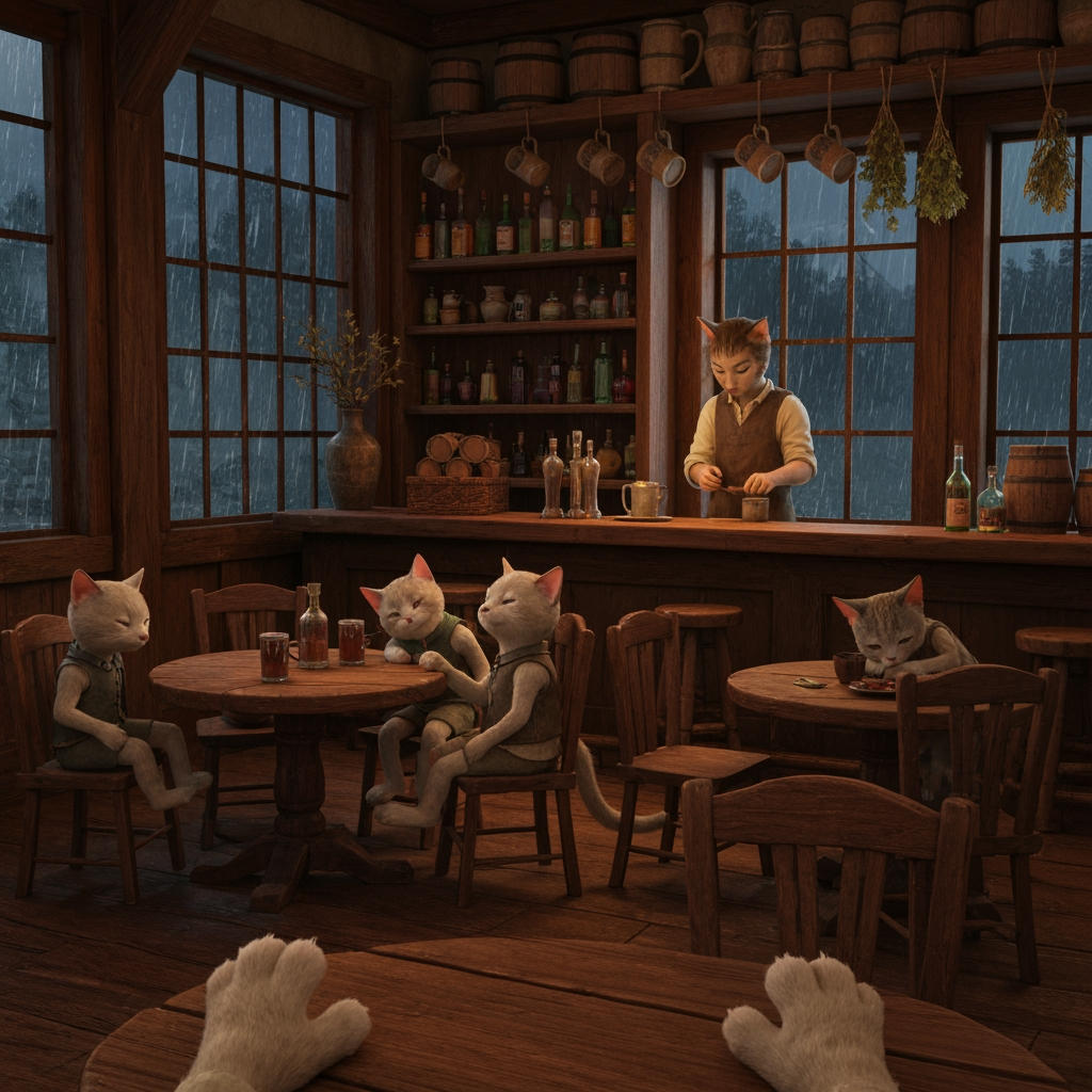 AI Design for Yeah, I get the composition now. You’re tucked into a corner of the tavern, sitting at a table with other bipedal cats, while the camera looks across the room toward the bar and the rain outside. It should feel like a quiet moment you stumbled into rather than a staged scene.

🌧️ POV — Fell Asleep in the Bushwhack Tavern

> Photorealistic cinematic dark-fantasy live-action film still, first-person POV from a small bipedal cat sitting in a secluded corner of the Bushwhack Tavern in Elderwood on a rainy evening.

The viewer is seated comfortably in a wooden chair at a small round wooden table tucked into the corner of the tavern. Several small bipedal cats are sitting around nearby tables and chairs, all with realistic feline anatomy and natural fur. They wear simple medieval fantasy clothing such as little cloaks, tunics, scarves and vests. Some cats have fallen asleep in their chairs, heads resting against the table or their paws, while another is quietly looking out the rain-covered window.

The viewer's own small feline paws can subtly appear at the bottom edge of the frame, resting on the table, making it clear that the viewer is also a cat.

Across the room is the large wooden tavern bar, clearly visible from the corner. Behind it stands the tavern keeper, a realistic bipedal cat preparing drinks and quietly organizing colorful glass bottles. Shelves behind him contain dozens of unusual bottles, ceramic mugs, wooden barrels and hanging herbs. He isn't posing for the camera—he is simply going about his nighttime work.

Large windows beside the bar reveal heavy rain falling over Elderwood at night. Water streams down the glass, while enormous dark trees are visible beyond the windows. Wet cobblestones outside reflect the warm golden lights of the tavern. Occasional distant lightning softly illuminates the forest without overpowering the scene.

The interior is illuminated almost entirely by a large stone fireplace, small candles and warm hanging lanterns, creating soft amber pools of light across the dark wooden floor and furniture. The rainy world outside is cool blue-gray, creating a beautiful contrast with the warm interior.

The composition should feel quiet, ambient and intimate, with the viewer sitting comfortably in their little corner while the tavern continues quietly around them. It feels like you've stayed too late, fallen asleep in your chair, and woken up briefly to the sound of rain before drifting off again.

Photorealistic live-action dark-fantasy cinematography, realistic cat fur, believable small bipedal feline proportions, realistic medieval tavern architecture, detailed wood, stone, glass, fabric and rain, natural firelight, realistic reflections, atmospheric depth, subtle film grain, cinematic color grading, soft shadows, slightly desaturated surroundings with warm amber highlights.

No cartoon, no illustration, no anime, no 3D animation, no modern objects, no exaggerated fantasy architecture, no human characters.