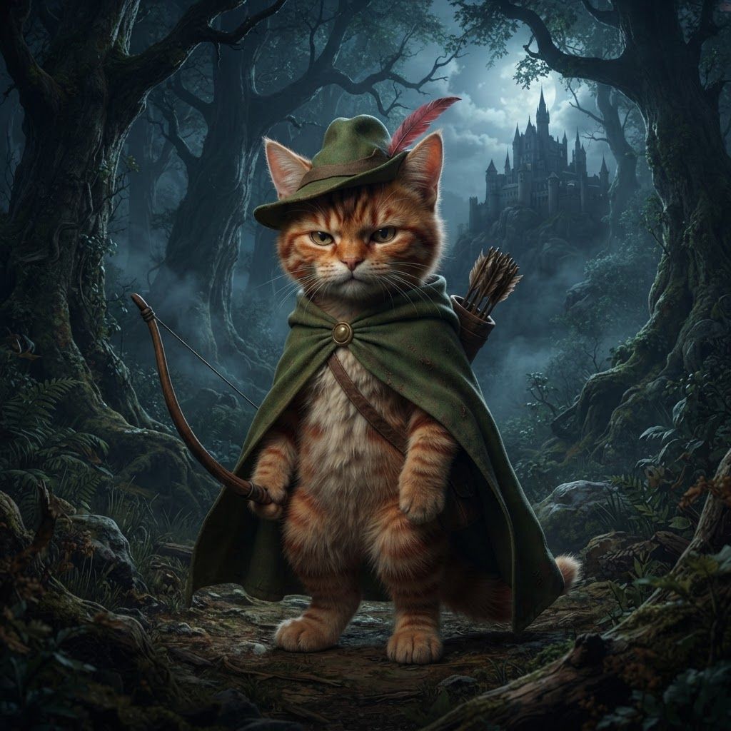 AI Design for Sure — here's the complete description based exactly on what you just described, without adding a new outfit or changing his established design.

🌲 Jasper Embermane — Dark Fantasy Version

Jasper is an orange tabby cat with a natural, slightly realistic feline appearance. His fur should have believable texture and anatomy while still preserving his recognizable Embermane character design.

🐈 Face & Fur

Warm orange tabby fur covering his body.

Slightly darker reddish-brown stripes.

Two reddish-brown stripes on each cheek, one of his most recognizable markings.

His head has his characteristic brown hair/mane, giving him a slightly distinctive, rugged appearance.

His ears are orange, with roughly the upper third of each ear covered in a reddish-brown color.

His facial features should look like a real cat's, but remain expressive enough to recognize Jasper immediately.


🎩 Hat

Jasper wears his familiar green archer's hat.

Natural, slightly worn material.

A simple red band/outline around the hat where the brim meets the main body.

The hat should feel like something made for traveling through a forest rather than polished royal clothing.

Keep the design recognizable and understated.


🧥 Cloak

Jasper wears his familiar green cloak.

It should have a natural, practical appearance, with believable cloth texture and subtle signs of use.

🏹 Equipment

Jasper carries his bow, reinforcing that he's an archer rather than a heavily armored fantasy warrior.

His equipment should remain simple and practical.


---

🌙 Environment

Jasper is standing in a large, atmospheric forest at night.

The forest should feel enormous and ancient, with:

Tall trees surrounding him

Dense woodland vegetation

Deep shadows between the trees

Subtle moonlight filtering through branches

Atmospheric haze or mist

Natural earthy textures


Through an opening in the forest, a large castle can be seen in the distance.

The castle shouldn't dominate the image—it should feel like something Jasper has discovered beyond the trees, giving the scene a sense of exploration and mystery.


---

🎬 Overall Visual Style

The whole scene should have that dark-fantasy AI image aesthetic you were describing:

realistic but fantastical, nighttime, cinematic, atmospheric, slightly dark, natural colors, detailed fur, subtle film-like filtering, deep shadows, and dramatic moonlight.

It shouldn't look like a bright cartoon or overly polished 3D animation.

At the same time, Jasper shouldn't become an ordinary photorealistic cat—the orange fur, reddish-brown markings, brown mane, green hat, red hat band, green cloak, and bow need to make him unmistakably Jasper.