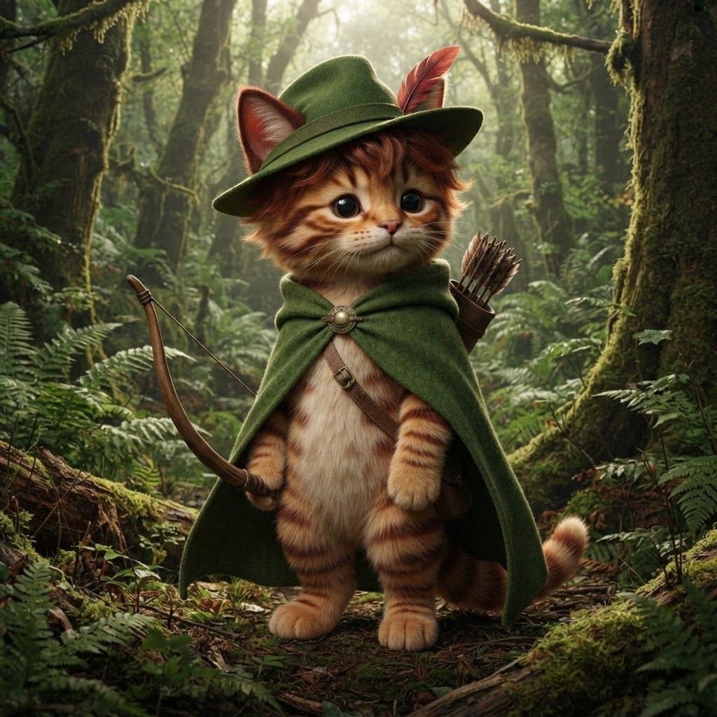 AI Design for The cat that I show you here on the image is how the image I want to look essentially a cat in a forest with all of these features with colored ear tips to stripes All across its body to the cloak to the Hat into all the features being present it make it into a more realistic cat it's still gave its hair that's reddish brown it's it's ears it's ear tips it's stripes on its cheeks on its whole body and really make it iconic in that fantasy feel mik the years follow a pattern with 1/3 of the ear on the top being reddish brown while whilst the other two-thirds are distinctly the orange for that he already has make it visible and distinctive make the make the stripes visible and not mutated with the skin make it very visible make him cute  make his stripes reddish brown give him his hair on the side on on the front on the back a bit and that's it essentially thank you and that is it essentially thank you