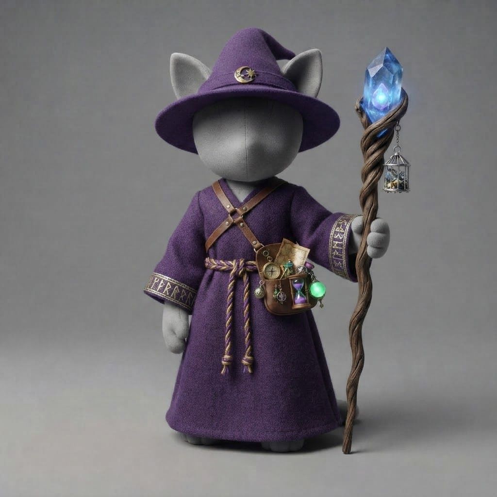 AI Design for I am writing a cat fantasy series and this is a mannequin for a cat clothes base so design and outfit for a a wizard robe in a medieval fantasy Style so essentially first they want you to do a very basic purple robe with the wizard hat and some tiny gizmos and stuff like that in your pockets and also hold like a staff of them blue crystal