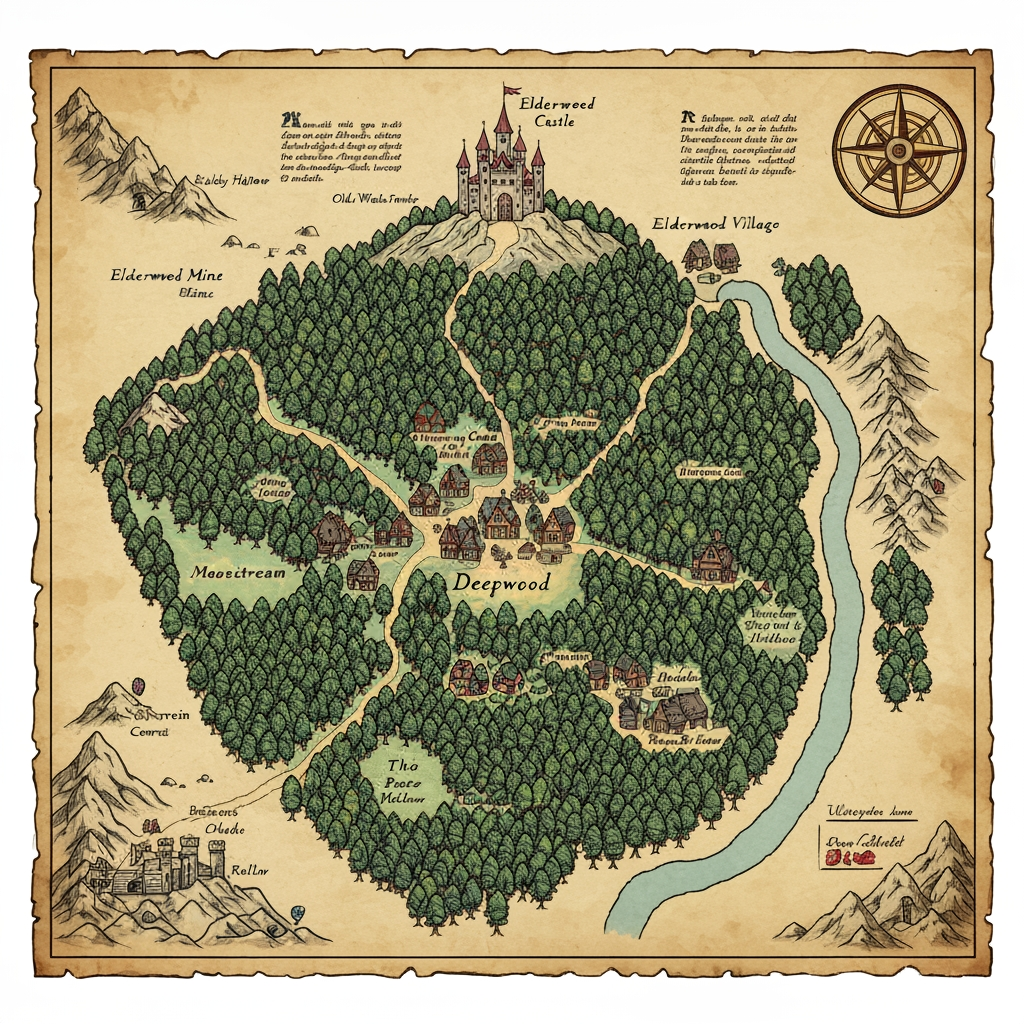 AI Design for The map of Elderwood should feel like an actual old adventurer's map that exists inside your world—not a clean modern game map. I’d picture it as something a cartographer carefully drew by hand over years of exploration.
🗺️ Overall appearance
Old, slightly yellowed parchment, with uneven edges and subtle stains.
Hand-drawn ink illustrations rather than perfectly precise lines.
A mixture of dark brown, muted green, blue, and faded red ink.
Small handwritten notes and symbols scattered around the map.
A decorative compass rose in one corner.
A few little drawings of trees, mountains, castles and creatures around important landmarks.
The map should be detailed enough that you could imagine actually navigating with it.
🌲 The center — Elderwood Village
At the heart of the map is Elderwood Village, surrounded by a huge cluster of illustrated trees.
The village could be represented by:
> 🏘️ Elderwood Village
with tiny drawings of cottages, a tavern and winding paths.
Several paths branch outward from the village.
🌳 The Deepwood
The largest area surrounding Elderwood should be Deepwood.
Instead of drawing every tree individually, use dense clusters of little hand-drawn tree symbols.
Inside Deepwood you could mark:
🌿 Whispering Glade
🌉 Old Root Bridge
💧 Moonstream
🧙 Wizard's Hollow
🦉 Owlwatch
🍄 Mushroom Hollow
Some areas should simply fade into:
> “Unexplored Woodland”
which makes the world feel bigger.
🏰 Northern area — Elderwood Castle
Farther north, beyond the forest, place the Elderwood Castle on a hill.
Draw a tiny but recognizable castle with several towers and a winding road leading toward it.
Around it:
> Castle Road
King's Forest
Old Watchtower
⛏️ Western area — Mines
To the west, the forest becomes rocky and mountainous.
Mark:
> ⛏️ Elderwood Mines
🪨 Silvervein Caverns
💎 Ruby Hollow
Draw little mountain symbols and mine entrances.
🌊 Eastern area — Riverlands
A large winding river could run through the eastern side of the map.
Call it something like:
> Elder River
Then add:
🌉 Old Stone Bridge
🏕️ Riverside Camp
🌾 Meadowfields
🛶 Fishercat Crossing
Eventually the river could disappear off the edge of the map, suggesting that Elderwood is only one part of a much larger world.
🍄 Southern area — Wildwood
The southern forest could become less civilized and much denser.
> The Wildwood
Add strange little symbols for:
Giant mushrooms
Abandoned ruins
Hidden caves
Strange animal tracks
A forgotten shrine
And perhaps a handwritten warning:
> “Paths become unreliable beyond this point.”
🧭 Map details
I'd also add little cartographer touches:
Top: decorative compass rose
Bottom: hand-drawn scale
Corners: tiny sketches of leaves, mushrooms and animals
Edges: handwritten notes about locations
Some areas: deliberately unfinished or faded
And importantly, don't make the entire map perfectly filled in. Leave some blank parchment around the edges.
That gives you the feeling that Elderwood is a real place waiting to be explored, rather than a world where everything has already been discovered. THIS IS A CAT FANTASY SERIES