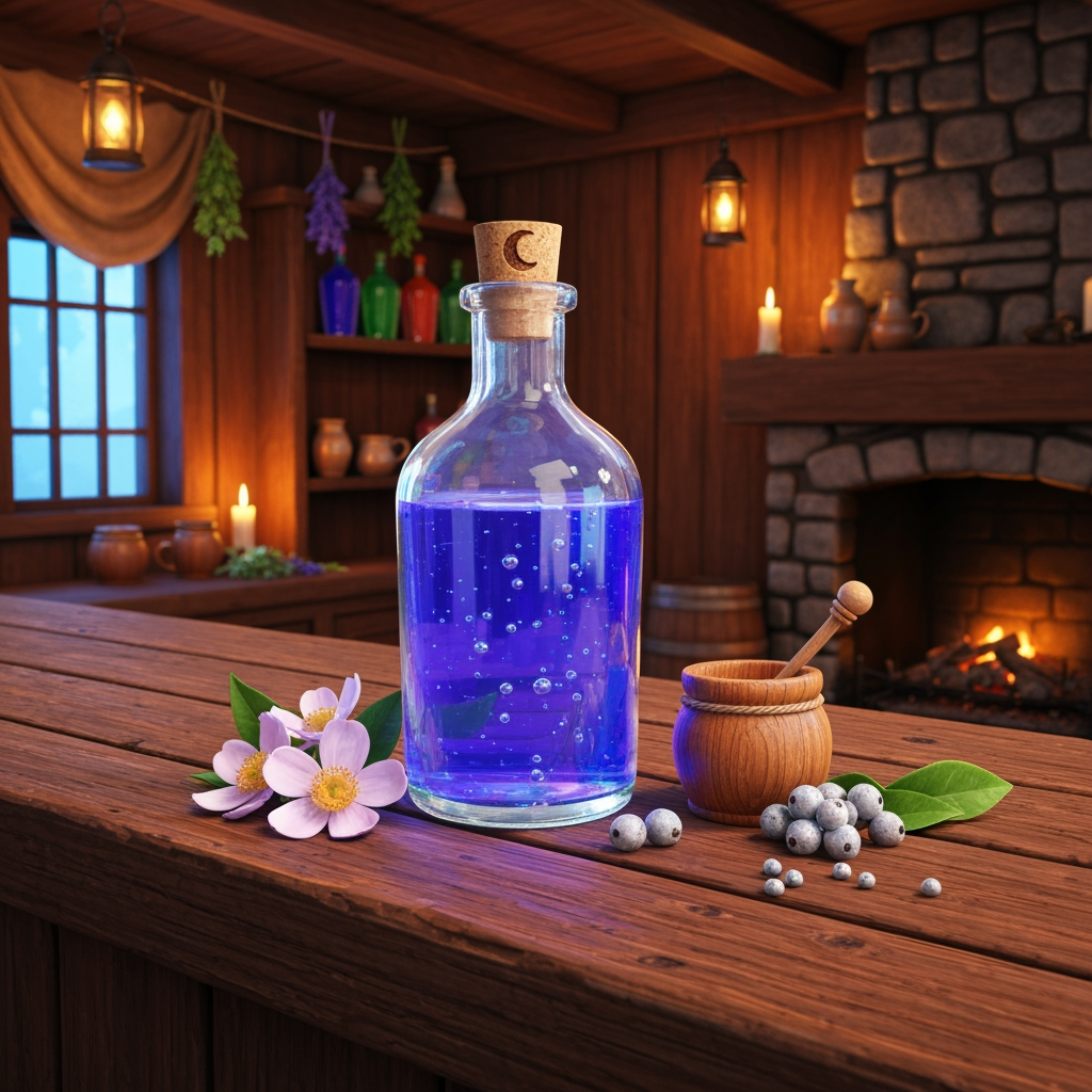 AI Design for 🍹 1. Moonmelt Tonic
Create a realistic cinematic fantasy still-life inside the Bushwhack Tavern in Elderwood. On a beautifully worn wooden tavern counter sits a glass bottle of Moonmelt Tonic, filled with vivid blue-violet liquid that looks physically believable, with translucent liquid, realistic glass reflections, tiny suspended silver particles and subtle natural bubbles. The bottle is handmade and slightly imperfect, with a cork stopper decorated with a tiny crescent-moon carving.
Beside the bottle are realistic Moonmelt Blossoms, Silverdew Berries and a small wooden honey jar, arranged naturally as the ingredients. Behind the counter are wooden shelves containing other colorful bottles, ceramic mugs, herbs hanging from beams and softly glowing lanterns. A stone fireplace casts warm orange light across the tavern while cooler blue light enters through a nearby window.
The environment should feel real and tangible, with physically believable wood grain, glass, liquid refraction, fabric, stone, candlelight and shadows. The fantasy elements should feel naturally integrated into the world rather than looking like cartoon objects.
Flavor: sweet honey, soft berries and a delicate floral finish.
Effect: helps travelers remain alert during long nighttime journeys.
Visual style: realistic medieval woodland fantasy, cinematic photography, natural textures, realistic lighting, vibrant but believable colors, shallow atmospheric depth, handcrafted Elderwood aesthetic, beautiful and nostalgic, no characters, drink prominently centered and completely visible. But here is the thing make it like a realistic a glass bottle from the medieval era like a cat Tavern this is very important and make you like hyper realistic