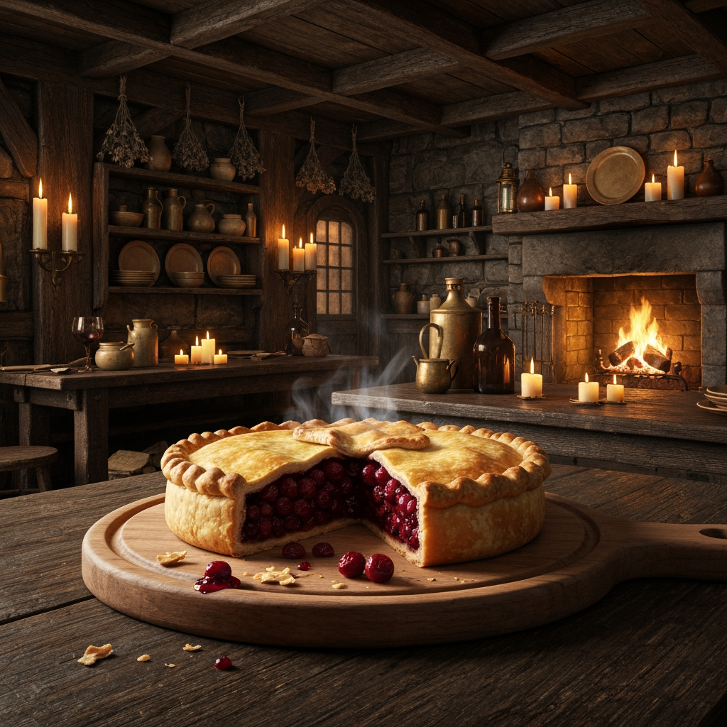 AI Design for 🥧 Example — Thornberry Pie
A rustic Thornberry Pie sits on a heavy wooden serving board. It has a beautifully baked golden-brown flaky crust with slightly uneven handmade edges. Several dark ruby-red Thornberries are visible through a small opening in the crust, with glossy berry filling bubbling gently underneath. A little steam rises from the freshly baked pie. A few crumbs and tiny drops of berry filling sit naturally on the wooden board.
The pie should look extremely appetizing and freshly baked, with realistic pastry layers, glossy fruit filling and warm golden highlights from the fireplace.🍽️ Master Elderwood Tavern Style
Put this at the very beginning of every prompt:
Photorealistic cinematic dark-fantasy food photography inside a cozy medieval woodland tavern in Elderwood. This is a real, physically believable tavern, not an illustration. The interior has aged dark wooden tables, rough stone walls, exposed wooden beams, shelves filled with ceramic dishes and bottles, hanging dried herbs, candles, brass lanterns, and a large stone fireplace. Warm amber firelight and candlelight illuminate the room, creating soft realistic shadows and highlights, while the corners of the tavern remain naturally darker and atmospheric. The scene feels warm, rustic, lived-in and slightly mysterious, like a still frame from a high-budget live-action dark-fantasy film. Realistic materials, realistic food textures, natural imperfections, subtle cinematic film grain, shallow depth of field.
Then add:
The food is the clear centerpiece of the image. It must look genuinely delicious, freshly prepared, warm, edible and appetizing, with realistic textures, steam, moisture, crumbs, sauces and natural imperfections. It should look like real medieval cuisine with fantastical ingredients—not cartoon food, not toy-like food, not plastic, not an illustration. How to catch chef that just finished making your meal and he's looking at you to see if you like it