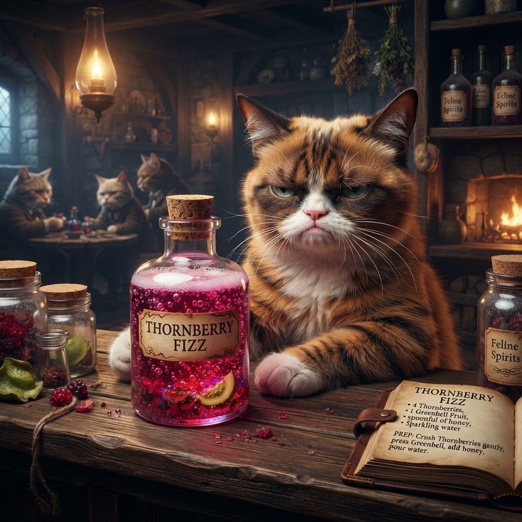 AI Design for Grumpy Cat fantasy series where there's a grumpy cat at the tavern and he's kind of looking at you after giving you the special potion. 🍓 Thornberry Fizz
Recipe
4 Thornberries
1 Greenbell Fruit
1 spoonful of honey
Sparkling spring water
Preparation: Crush the Thornberries gently rather than completely pulverizing them. Press the Greenbell Fruit into the mixture, add honey, then slowly pour in sparkling spring water.
Appearance: A vibrant ruby-red and magenta drink, filled with countless tiny bubbles. Small pieces of berry pulp float naturally near the bottom, while a thin pink foam forms at the surface.