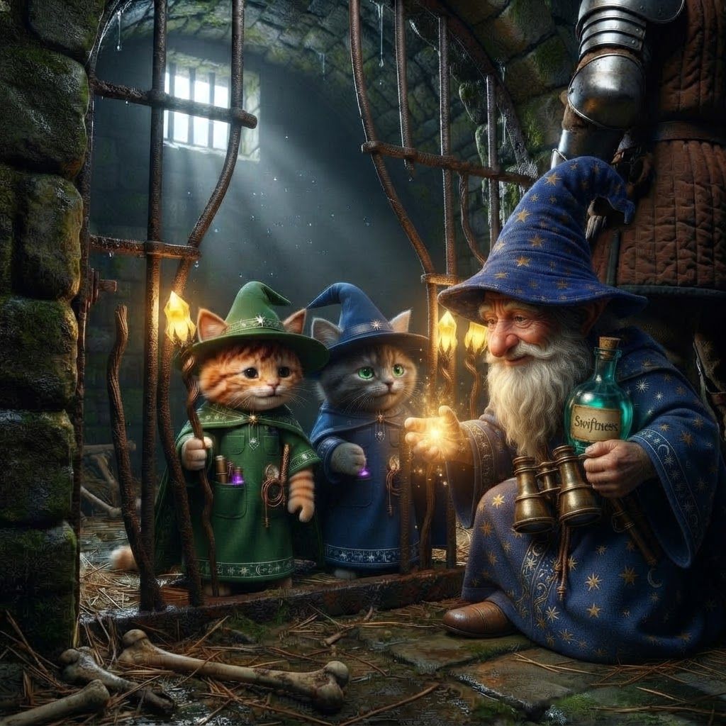 AI Design for So put the scene put the gnome who've just defeated the night and let the cats free and the cats are his friend