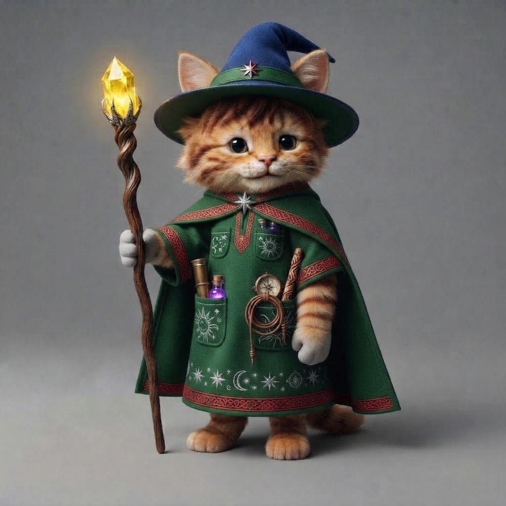 AI Design for Take this cat all of its main features details hair for stripes tips on its cat ears the colors the style everything and put on this blue wizard robe except I wanted to be short sleeved including the Cape at all the things in his pockets just make it really fantasy but make it like green with red accents in a pattern and that's it but don't over complicate the outfit make it simple and iconic