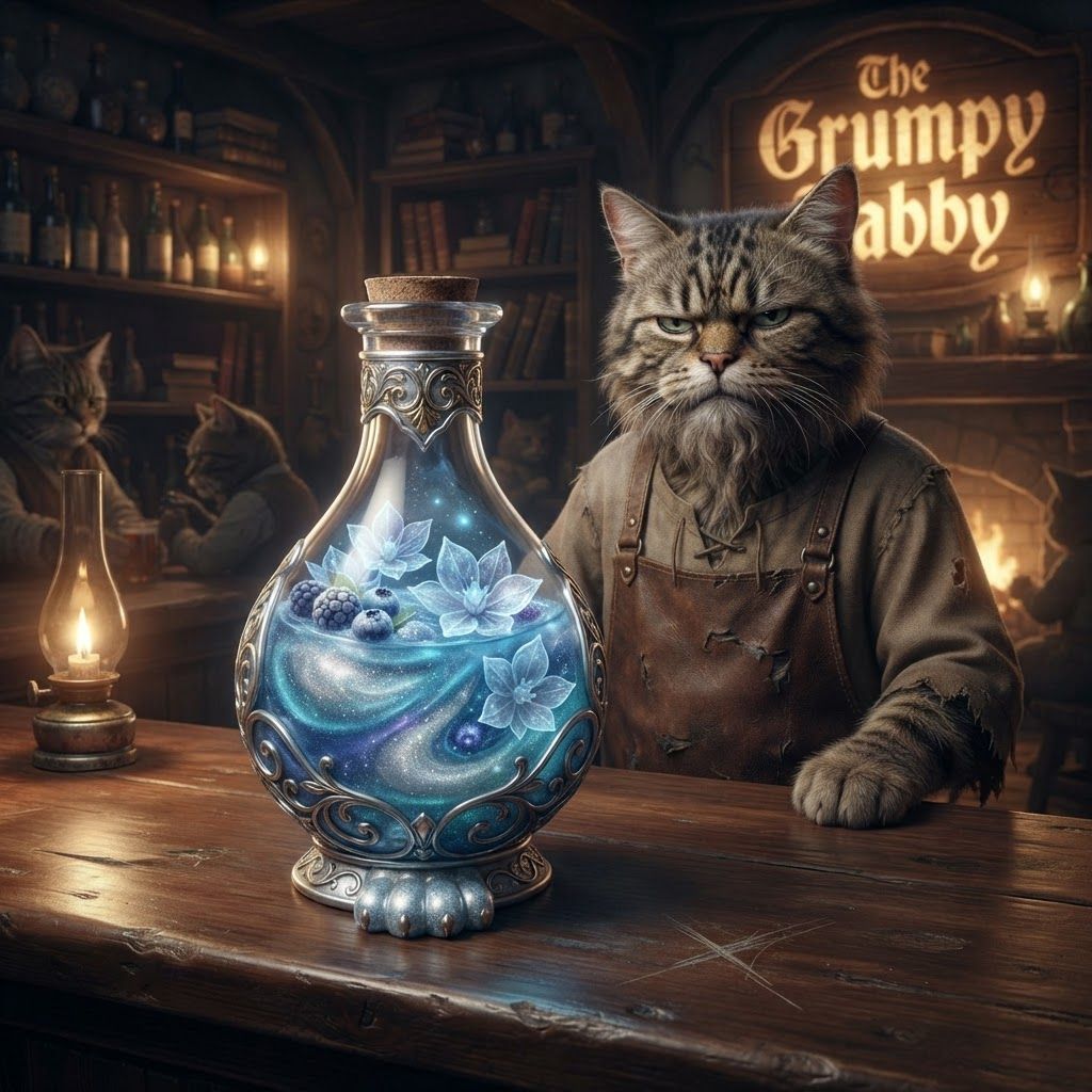 AI Design for Design a cooling potion for a cat fantasy kind of series that is like blue white glittery and include some cool berries along some like Icy flower pod and give it this like special feel like it's in a tavern like served to you nostalgicmake a colorful but don't over complicate the design make it beautiful but not too complicated and just put it in like a glass that's like I was like silver and gold like details and also at a bartender that's a cat and he's a kind of grumpy it's a very nostalgic kind of not too bright kind of darker lighting