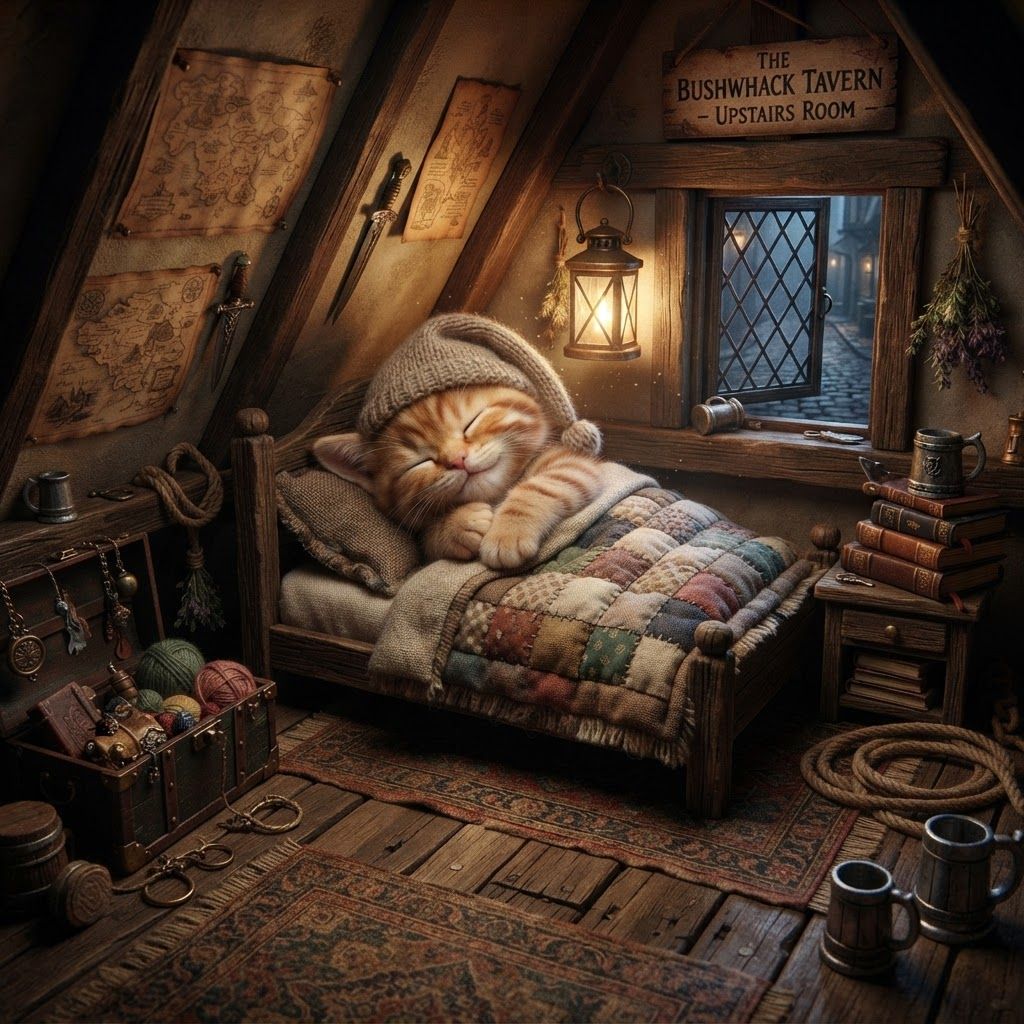 AI Design for 🍺 The Tavern Room — little upstairs room above Bushwhack Tavern. You can hear muffled conversations downstairs. Cat fantasy bedroom for a tavern with this bipetal cat sleeping comfortably snug I'm just kind of weird Tavern vibe