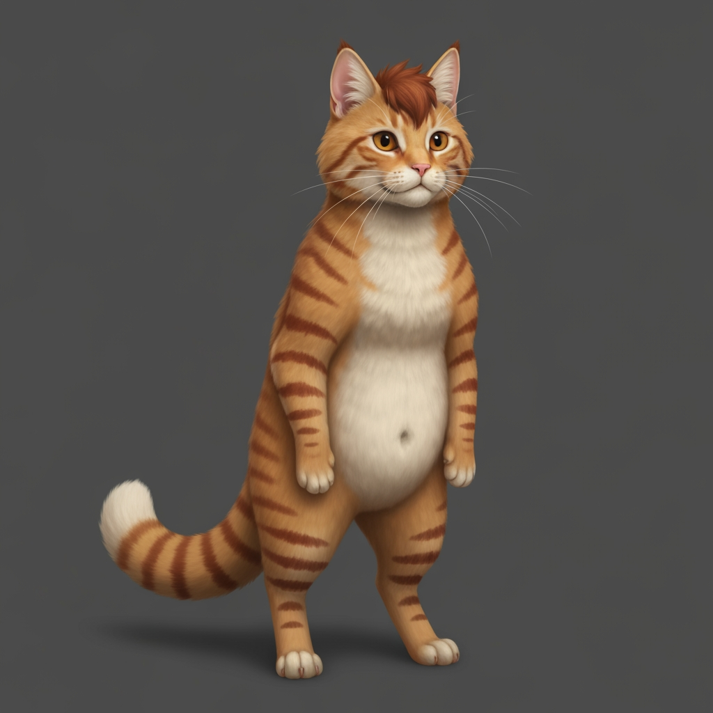 AI Design for 🐈 PROMPT 1 — EMBERMANE TABBY
Create a character-design reference template showing a simple, unclothed orange tabby cat standing upright in a neutral pose, facing slightly toward the viewer. The character should have natural realistic feline anatomy, four paws, a fluffy tail, pointed ears, a rounded cat face, and realistic detailed orange fur. Give the cat distinctive reddish-brown tabby stripes, including the recognizable two stripes on each cheek, darker striped legs and tail, a warm cream-colored muzzle, chest and rounded belly, and slightly darker reddish-brown fluffy head fur resembling Jasper Embermane's signature hair. No clothing, weapons, accessories, or props. The character should look like a clean, iconic base template for a medieval woodland fantasy character creator. Cinematic realistic storybook fantasy photography, natural forest lighting, detailed fur, earthy colors, believable