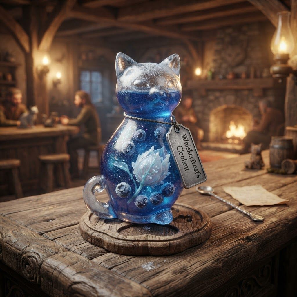 AI Design for Design a cooling potion for a cat fantasy kind of series that is like blue white glittery and include some cool berries along some like Icy flower pod and give it this like special feel like it's in a tavern like served to you nostalgic