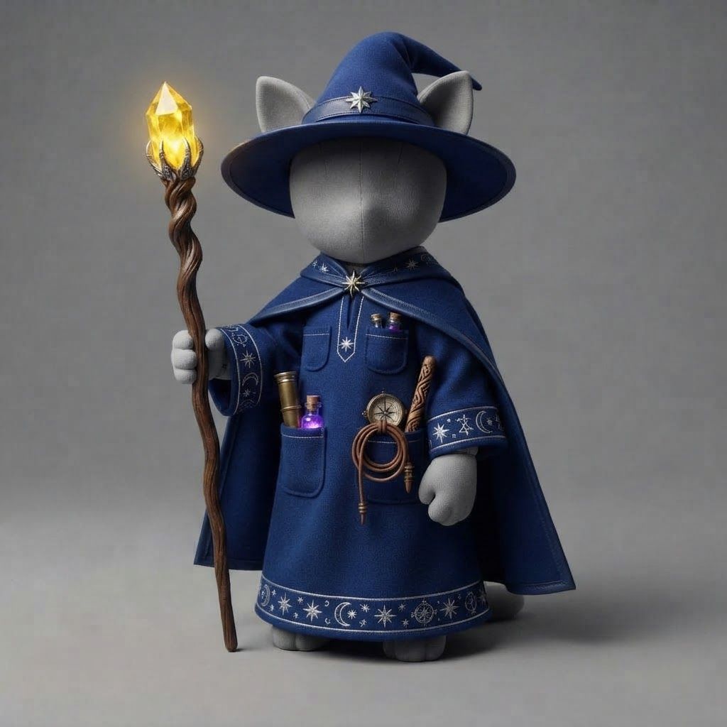 AI Design for I am writing a cat fantasy series and this is a mannequin for a cat clothes base so design and outfit for a a wizard robe in a medieval fantasy Style so essentially first they want you to do a very basic purple robe with the wizard hat and some tiny gizmos and stuff like that in your pockets and also now do a blue outfit and use a yellow crystal on the staff and you just the blue wizard exclude the other colored wizards