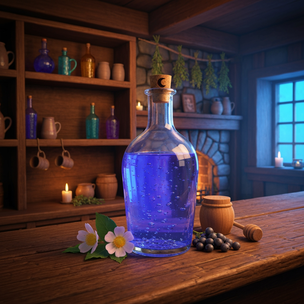 AI Design for 🍹 1. Moonmelt Tonic
Create a realistic cinematic fantasy still-life inside the Bushwhack Tavern in Elderwood. On a beautifully worn wooden tavern counter sits a glass bottle of Moonmelt Tonic, filled with vivid blue-violet liquid that looks physically believable, with translucent liquid, realistic glass reflections, tiny suspended silver particles and subtle natural bubbles. The bottle is handmade and slightly imperfect, with a cork stopper decorated with a tiny crescent-moon carving.
Beside the bottle are realistic Moonmelt Blossoms, Silverdew Berries and a small wooden honey jar, arranged naturally as the ingredients. Behind the counter are wooden shelves containing other colorful bottles, ceramic mugs, herbs hanging from beams and softly glowing lanterns. A stone fireplace casts warm orange light across the tavern while cooler blue light enters through a nearby window.
The environment should feel real and tangible, with physically believable wood grain, glass, liquid refraction, fabric, stone, candlelight and shadows. The fantasy elements should feel naturally integrated into the world rather than looking like cartoon objects.
Flavor: sweet honey, soft berries and a delicate floral finish.
Effect: helps travelers remain alert during long nighttime journeys.
Visual style: realistic medieval woodland fantasy, cinematic photography, natural textures, realistic lighting, vibrant but believable colors, shallow atmospheric depth, handcrafted Elderwood aesthetic, beautiful and nostalgic, no characters, drink prominently centered and completely visible.
