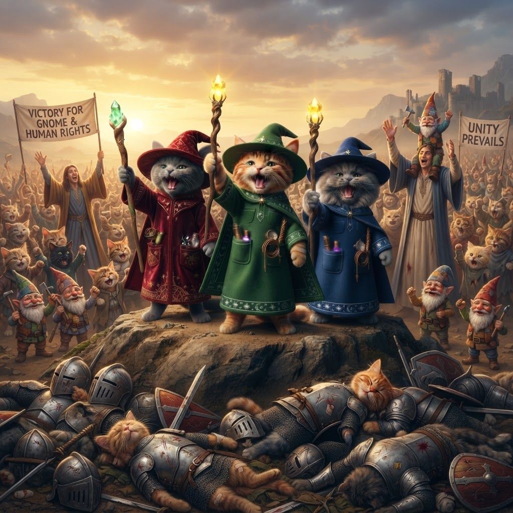 AI Design for Make the merge victorious on top of a pile of sleeping nights but they're not sleeping they're just knocked out like the they were hurt really bad and The Wizard cats are standing crowd and the gnomes are too which help tthem human rights which were very tall and the gnomes are also celebrating and everyone's happy p