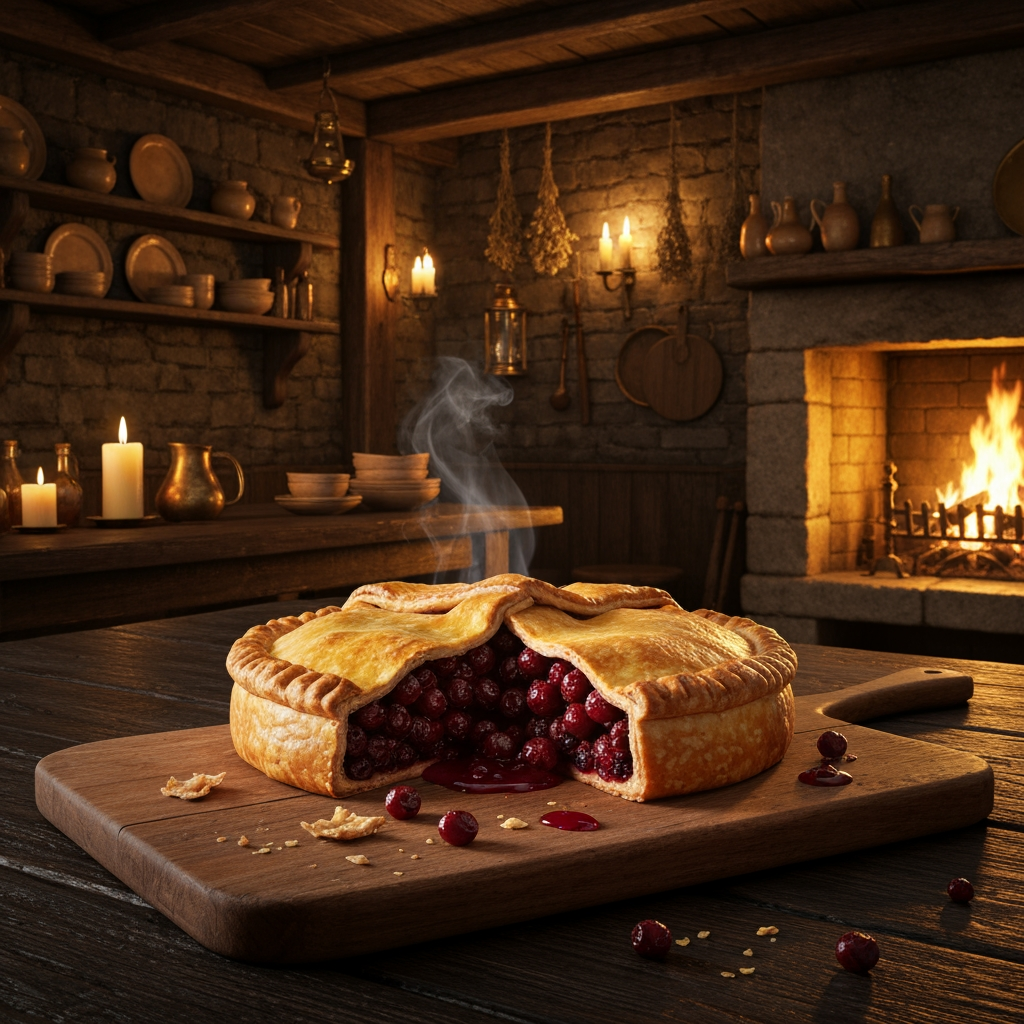 AI Design for 🥧 Example — Thornberry Pie
A rustic Thornberry Pie sits on a heavy wooden serving board. It has a beautifully baked golden-brown flaky crust with slightly uneven handmade edges. Several dark ruby-red Thornberries are visible through a small opening in the crust, with glossy berry filling bubbling gently underneath. A little steam rises from the freshly baked pie. A few crumbs and tiny drops of berry filling sit naturally on the wooden board.
The pie should look extremely appetizing and freshly baked, with realistic pastry layers, glossy fruit filling and warm golden highlights from the fireplace.🍽️ Master Elderwood Tavern Style
Put this at the very beginning of every prompt:
Photorealistic cinematic dark-fantasy food photography inside a cozy medieval woodland tavern in Elderwood. This is a real, physically believable tavern, not an illustration. The interior has aged dark wooden tables, rough stone walls, exposed wooden beams, shelves filled with ceramic dishes and bottles, hanging dried herbs, candles, brass lanterns, and a large stone fireplace. Warm amber firelight and candlelight illuminate the room, creating soft realistic shadows and highlights, while the corners of the tavern remain naturally darker and atmospheric. The scene feels warm, rustic, lived-in and slightly mysterious, like a still frame from a high-budget live-action dark-fantasy film. Realistic materials, realistic food textures, natural imperfections, subtle cinematic film grain, shallow depth of field.
Then add:
The food is the clear centerpiece of the image. It must look genuinely delicious, freshly prepared, warm, edible and appetizing, with realistic textures, steam, moisture, crumbs, sauces and natural imperfections. It should look like real medieval cuisine with fantastical ingredients—not cartoon food, not toy-like food, not plastic, not an illustration.