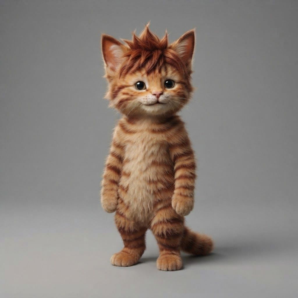 AI Design for I would like for you to design a tabby cat that is like doesn't have any clothing is by pedal is like cute recognizable on a white background or a gray background do a grave background it would be this sort of iconic kind of character for a series it would be a tabby cat with a reddish brown kind of stripes and like and have like ready to round colored hair and I will send you a reference image of a cat with clothing and just take off the clothing to be like a very simple design