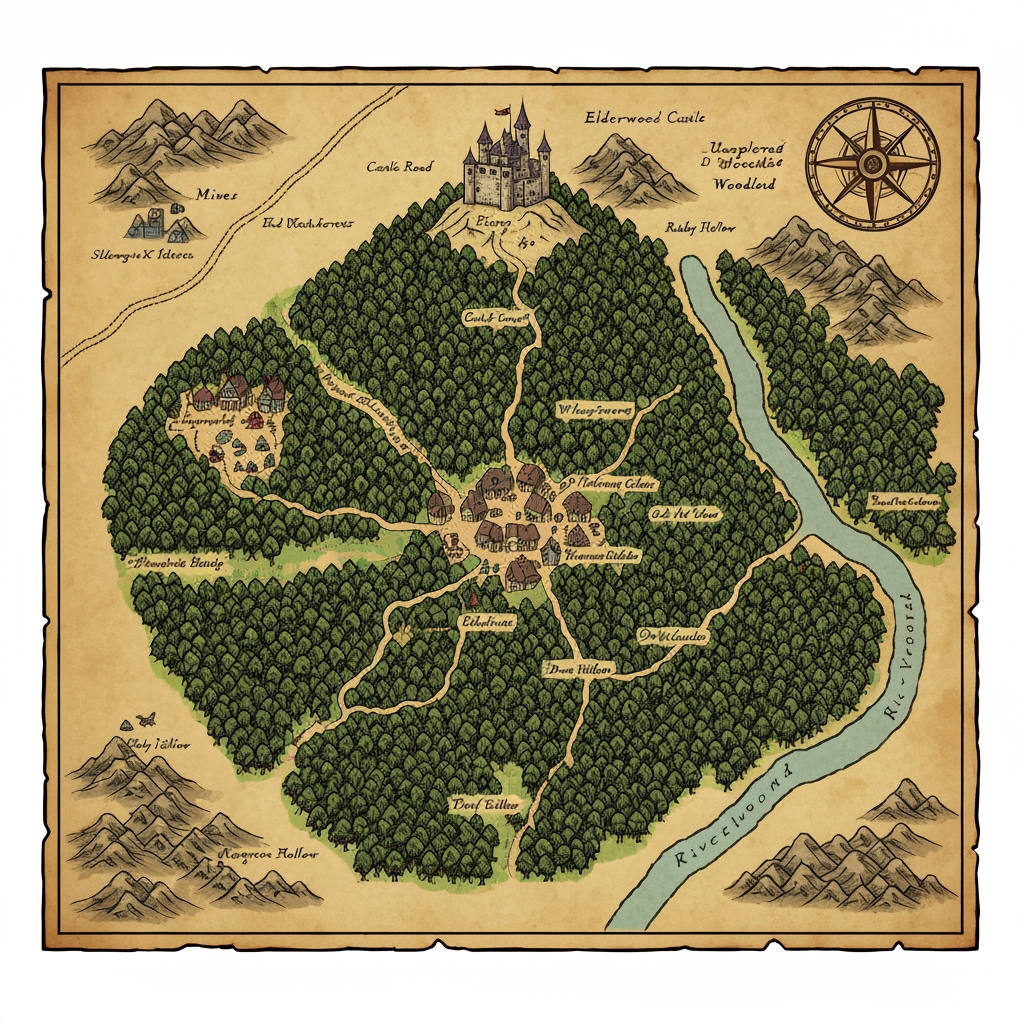 AI Design for The map of Elderwood should feel like an actual old adventurer's map that exists inside your world—not a clean modern game map. I’d picture it as something a cartographer carefully drew by hand over years of exploration.
🗺️ Overall appearance
Old, slightly yellowed parchment, with uneven edges and subtle stains.
Hand-drawn ink illustrations rather than perfectly precise lines.
A mixture of dark brown, muted green, blue, and faded red ink.
Small handwritten notes and symbols scattered around the map.
A decorative compass rose in one corner.
A few little drawings of trees, mountains, castles and creatures around important landmarks.
The map should be detailed enough that you could imagine actually navigating with it.
🌲 The center — Elderwood Village
At the heart of the map is Elderwood Village, surrounded by a huge cluster of illustrated trees.
The village could be represented by:
> 🏘️ Elderwood Village
with tiny drawings of cottages, a tavern and winding paths.
Several paths branch outward from the village.
🌳 The Deepwood
The largest area surrounding Elderwood should be Deepwood.
Instead of drawing every tree individually, use dense clusters of little hand-drawn tree symbols.
Inside Deepwood you could mark:
🌿 Whispering Glade
🌉 Old Root Bridge
💧 Moonstream
🧙 Wizard's Hollow
🦉 Owlwatch
🍄 Mushroom Hollow
Some areas should simply fade into:
> “Unexplored Woodland”
which makes the world feel bigger.
🏰 Northern area — Elderwood Castle
Farther north, beyond the forest, place the Elderwood Castle on a hill.
Draw a tiny but recognizable castle with several towers and a winding road leading toward it.
Around it:
> Castle Road
King's Forest
Old Watchtower
⛏️ Western area — Mines
To the west, the forest becomes rocky and mountainous.
Mark:
> ⛏️ Elderwood Mines
🪨 Silvervein Caverns
💎 Ruby Hollow
Draw little mountain symbols and mine entrances.
🌊 Eastern area — Riverlands
A large winding river could run through the eastern side of the map.
Call it something like:
> Elder River
Then add:
🌉 Old Stone Bridge
🏕️ Riverside Camp
🌾 Meadowfields
🛶 Fishercat Crossing
Eventually the river could disappear off the edge of the map, suggesting that Elderwood is only one part of a much larger world.
🍄 Southern area — Wildwood
The southern forest could become less civilized and much denser.
> The Wildwood
Add strange little symbols for:
Giant mushrooms
Abandoned ruins
Hidden caves
Strange animal tracks
A forgotten shrine
And perhaps a handwritten warning:
> “Paths become unreliable beyond this point.”
🧭 Map details
I'd also add little cartographer touches:
Top: decorative compass rose
Bottom: hand-drawn scale
Corners: tiny sketches of leaves, mushrooms and animals
Edges: handwritten notes about locations
Some areas: deliberately unfinished or faded
And importantly, don't make the entire map perfectly filled in. Leave some blank parchment around the edges.
That gives you the feeling that Elderwood is a real place waiting to be explored, rather than a world where everything has already been discovered. THIS IS A CAT FANTASY SERIES