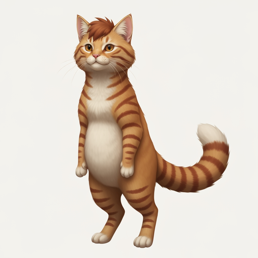 AI Design for 🐈 PROMPT 1 — EMBERMANE TABBY
Create a character-design reference template showing a simple, unclothed orange tabby cat standing upright in a neutral pose, facing slightly toward the viewer. The character should have natural realistic feline anatomy, four paws, a fluffy tail, pointed ears, a rounded cat face, and realistic detailed orange fur. Give the cat distinctive reddish-brown tabby stripes, including the recognizable two stripes on each cheek, darker striped legs and tail, a warm cream-colored muzzle, chest and rounded belly, and slightly darker reddish-brown fluffy head fur resembling Jasper Embermane's signature hair. No clothing, weapons, accessories, or props. The character should look like a clean, iconic base template for a medieval woodland fantasy character creator. Cinematic realistic storybook fantasy photography, natural forest lighting, detailed fur, earthy colors, believable
