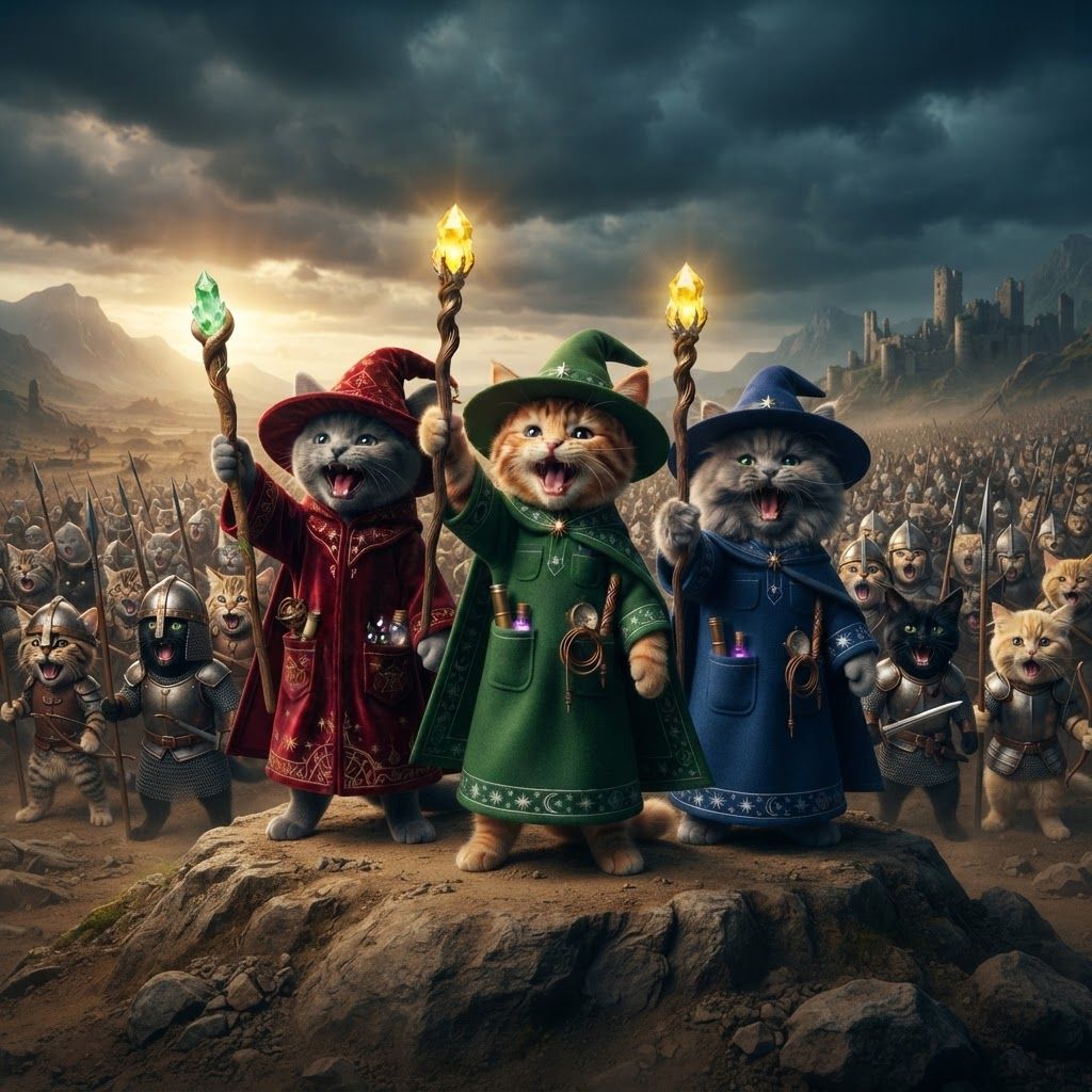 AI Design for On a pretty cool image with so nice lighting and stuff like cinematic lighting make these three cats scream and hold their stands up staff and kind of scream behind them is a cat army of different cat Warriors that are either like tabby kittens like the green wizard black cats like the blue were gray cats maybe blonde all also like Warriors screaming