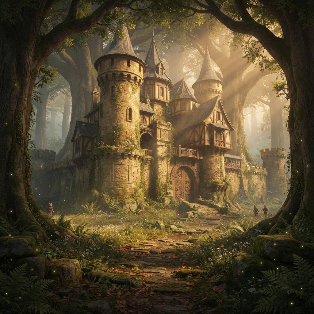 AI Design for Absolutely. Since you’re making the image yourself, I’d make the prompt emphasize the same cinematic realistic storybook look as your Jasper design, but make the castle feel like an actual landmark of Elderwood rather than a generic fantasy castle.
🏰 Elderwood Castle — Image Prompt
> A breathtaking medieval fantasy castle standing at the edge of the ancient Elderwood forest, designed in a cinematic realistic woodland storybook style. The castle should feel beautiful, mysterious, old, and completely believable, as though it has existed for centuries.
The castle is built from warm weathered gray and slightly golden stone, with tall rounded towers, elegant pointed rooftops, wooden balconies, stone bridges, narrow arched windows, carved details, ivy, moss and small plants growing naturally across the walls. Combine traditional medieval architecture with subtle woodland craftsmanship—wooden beams, carved leaves, tiny animal motifs, hanging lanterns, and beautifully crafted gates.
The castle should sit naturally among the enormous trees of Elderwood, with the ancient forest surrounding and partially framing it. Giant trees rise behind the castle, their branches forming a natural canopy around the towers. A winding stone-and-dirt road leads from the forest toward the enormous castle gates.
The scene should feel peaceful and majestic rather than dark or threatening. Warm late-afternoon sunlight filters through the trees, creating beautiful shafts of light and soft golden highlights across the castle walls. Include distant mist between the trees, subtle fireflies, moss-covered stones, wildflowers, ferns, fallen leaves and other tiny environmental details that make the forest feel alive.
Include only a few small cat guards in the distant background, standing near the castle entrance and along the walls. They should be realistic woodland cats wearing simple medieval guard clothing and carrying practical equipment. They are background details rather than the focus.
No main characters, no large groups of characters, no modern objects, no exaggerated magical effects.
Composition: wide cinematic establishing shot, castle clearly visible as the centerpiece, enormous forest surrounding it, winding path leading toward the entrance, strong sense of scale and depth.
Visual style: realistic detailed feline-and-woodland fantasy, natural realistic textures, believable stone and wood, detailed but not hyper-photorealistic, cinematic lighting, soft atmospheric depth, rich earthy greens and browns, warm golden sunlight, nostalgic storybook feeling, beautiful fantasy film concept art, subtly dreamlike and timeless.
I’d especially keep the fireflies and tiny environmental details subtle. That'll make it feel like the castle is genuinely sitting inside a living Elderwood rather than looking like a castle pasted onto a forest background. The images in the prompt bar or how I want to display you the lighting I really like this lighting because it gives off a very nostalgic feel like you're trying to revisit an old memory but you can't really get it right