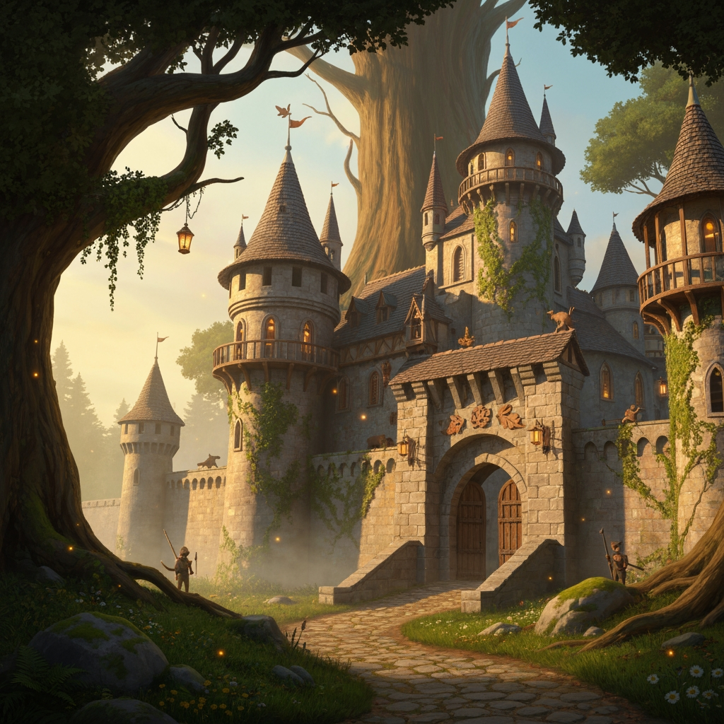 AI Design for Absolutely. Since you’re making the image yourself, I’d make the prompt emphasize the same cinematic realistic storybook look as your Jasper design, but make the castle feel like an actual landmark of Elderwood rather than a generic fantasy castle.
🏰 Elderwood Castle — Image Prompt
> A breathtaking medieval fantasy castle standing at the edge of the ancient Elderwood forest, designed in a cinematic realistic woodland storybook style. The castle should feel beautiful, mysterious, old, and completely believable, as though it has existed for centuries.
The castle is built from warm weathered gray and slightly golden stone, with tall rounded towers, elegant pointed rooftops, wooden balconies, stone bridges, narrow arched windows, carved details, ivy, moss and small plants growing naturally across the walls. Combine traditional medieval architecture with subtle woodland craftsmanship—wooden beams, carved leaves, tiny animal motifs, hanging lanterns, and beautifully crafted gates.
The castle should sit naturally among the enormous trees of Elderwood, with the ancient forest surrounding and partially framing it. Giant trees rise behind the castle, their branches forming a natural canopy around the towers. A winding stone-and-dirt road leads from the forest toward the enormous castle gates.
The scene should feel peaceful and majestic rather than dark or threatening. Warm late-afternoon sunlight filters through the trees, creating beautiful shafts of light and soft golden highlights across the castle walls. Include distant mist between the trees, subtle fireflies, moss-covered stones, wildflowers, ferns, fallen leaves and other tiny environmental details that make the forest feel alive.
Include only a few small cat guards in the distant background, standing near the castle entrance and along the walls. They should be realistic woodland cats wearing simple medieval guard clothing and carrying practical equipment. They are background details rather than the focus.
No main characters, no large groups of characters, no modern objects, no exaggerated magical effects.
Composition: wide cinematic establishing shot, castle clearly visible as the centerpiece, enormous forest surrounding it, winding path leading toward the entrance, strong sense of scale and depth.
Visual style: realistic detailed feline-and-woodland fantasy, natural realistic textures, believable stone and wood, detailed but not hyper-photorealistic, cinematic lighting, soft atmospheric depth, rich earthy greens and browns, warm golden sunlight, nostalgic storybook feeling, beautiful fantasy film concept art, subtly dreamlike and timeless.
I’d especially keep the fireflies and tiny environmental details subtle. That'll make it feel like the castle is genuinely sitting inside a living Elderwood rather than looking like a castle pasted onto a forest background.