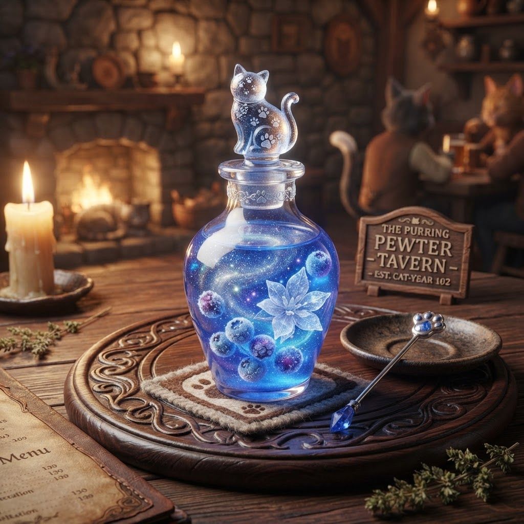 AI Design for Design a cooling potion for a cat fantasy kind of series that is like blue white glittery and include some cool berries along some like Icy flower pod and give it this like special feel like it's in a tavern like served to you nostalgicmake a colorful but don't over complicate the design
