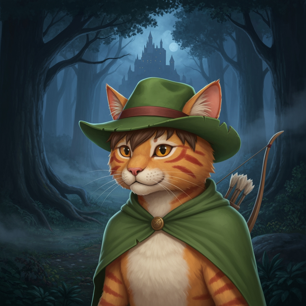 AI Design for Sure — here's the complete description based exactly on what you just described, without adding a new outfit or changing his established design.

🌲 Jasper Embermane — Dark Fantasy Version

Jasper is an orange tabby cat with a natural, slightly realistic feline appearance. His fur should have believable texture and anatomy while still preserving his recognizable Embermane character design.

🐈 Face & Fur

Warm orange tabby fur covering his body.

Slightly darker reddish-brown stripes.

Two reddish-brown stripes on each cheek, one of his most recognizable markings.

His head has his characteristic brown hair/mane, giving him a slightly distinctive, rugged appearance.

His ears are orange, with roughly the upper third of each ear covered in a reddish-brown color.

His facial features should look like a real cat's, but remain expressive enough to recognize Jasper immediately.


🎩 Hat

Jasper wears his familiar green archer's hat.

Natural, slightly worn material.

A simple red band/outline around the hat where the brim meets the main body.

The hat should feel like something made for traveling through a forest rather than polished royal clothing.

Keep the design recognizable and understated.


🧥 Cloak

Jasper wears his familiar green cloak.

It should have a natural, practical appearance, with believable cloth texture and subtle signs of use.

🏹 Equipment

Jasper carries his bow, reinforcing that he's an archer rather than a heavily armored fantasy warrior.

His equipment should remain simple and practical.


---

🌙 Environment

Jasper is standing in a large, atmospheric forest at night.

The forest should feel enormous and ancient, with:

Tall trees surrounding him

Dense woodland vegetation

Deep shadows between the trees

Subtle moonlight filtering through branches

Atmospheric haze or mist

Natural earthy textures


Through an opening in the forest, a large castle can be seen in the distance.

The castle shouldn't dominate the image—it should feel like something Jasper has discovered beyond the trees, giving the scene a sense of exploration and mystery.


---

🎬 Overall Visual Style

The whole scene should have that dark-fantasy AI image aesthetic you were describing:

realistic but fantastical, nighttime, cinematic, atmospheric, slightly dark, natural colors, detailed fur, subtle film-like filtering, deep shadows, and dramatic moonlight.

It shouldn't look like a bright cartoon or overly polished 3D animation.

At the same time, Jasper shouldn't become an ordinary photorealistic cat—the orange fur, reddish-brown markings, brown mane, green hat, red hat band, green cloak, and bow need to make him unmistakably Jasper.