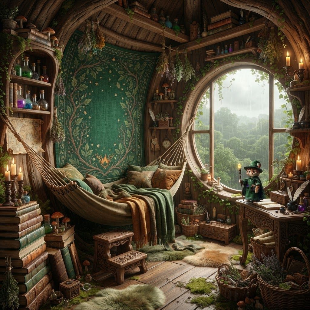 AI Design for Yeah, I see it — not just a rustic little wizard bedroom, but a genuinely beautiful, richly decorated room that still feels cozy and lived-in.
🌿 Walthazar's Bedroom — Refined Description
Walthazar's bedroom sits on the highest floor of Wizard's Hollow, nestled inside the upper trunk of the enormous hollow tree. The room is fairly spacious, but its rounded wooden walls, low ceiling, and tucked-away position make it feel intimate and snug without being cramped.
The centerpiece is a beautiful deep emerald-green tapestry hanging across one of the curved wooden walls. It's richly woven with subtle woodland patterns—leaves, twisting branches, tiny stars and perhaps an understated Embermane motif. The green fabric gives the room a warm, magical identity and contrasts beautifully with the natural brown wood.
A huge rounded window looks directly out over the Elderwood canopy. The treetops stretch into the distance beneath the window, making the room feel like it's sitting high above the entire forest. Soft daylight filters through the leaves and illuminates the room naturally.
Walthazar sleeps in his large hanging hammock, suspended securely between sections of the tree. It's filled with soft blankets and pillows in earthy greens, browns and warm amber tones. A little wooden step or stool sits beside it.
The room is filled with interesting little belongings everywhere:
📚 Tall stacks of spellbooks and old journals
🧪 Colorful potion bottles and glass flasks
🌿 Dried herbs hanging from wooden beams
🍄 Small potted mushrooms and plants
🕯️ Candles in carved wooden and iron holders
🗺️ Rolled maps tucked into shelves
🪶 Quills and ink pots
🔮 Small magical curiosities and crystals
🪵 Carved wooden boxes containing mysterious ingredients
🧺 Baskets filled with herbs and collected forest materials
Some shelves are built directly into the tree itself, following the curves of the trunk. Others are freestanding, handmade pieces of furniture.
There are soft rugs and mossy patches across the wooden floor, giving the room a natural forest-floor feeling. Little vines creep around the edges of some shelves and window frames.
The room isn't messy—it is beautifully cluttered. Everything feels like something Walthazar has collected during his life: books he's actually read, potions he's made, plants he's gathered, maps he's explored and little objects he simply thought were interesting.
The overall palette is emerald green, natural walnut-brown, warm amber, muted gold and touches of earthy orange, making it feel unmistakably like the bedroom of an Embermane wizard living inside an ancient forest tree.
It should feel like the kind of room where you could spend an entire rainy afternoon reading beside the window. 🌿📚🧪