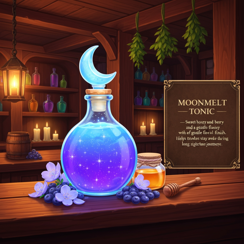 AI Design for 🍹 1. Moonmelt Tonic
Prompt:
A beautifully presented fantasy potion called Moonmelt Tonic displayed prominently on a wooden tavern counter inside the cozy Bushwhack Tavern in Elderwood. The drink is a vivid luminous blue-purple color with tiny silver sparkling particles floating through it, served in a charming glass bottle with a crescent-moon-shaped stopper. Around the bottle are Moonmelt Blossoms, Silverdew Berries and a small jar of golden honey. Warm tavern lanterns, wooden beams, shelves of colorful bottles, hanging herbs and soft candlelight in the background. The drink is perfectly centered and completely visible, colorful and visually striking. Include an elegant fantasy information placard beside it reading: MOONMELT TONIC — Sweet honey and berry flavor with a gentle floral finish. Helps travelers stay awake during long nighttime journeys. Cinematic realistic woodland fantasy, vibrant colors, handcrafted medieval aesthetic, beautiful atmospheric lighting. Make look realistic REALYSTIC IMAGE hyper realistic
