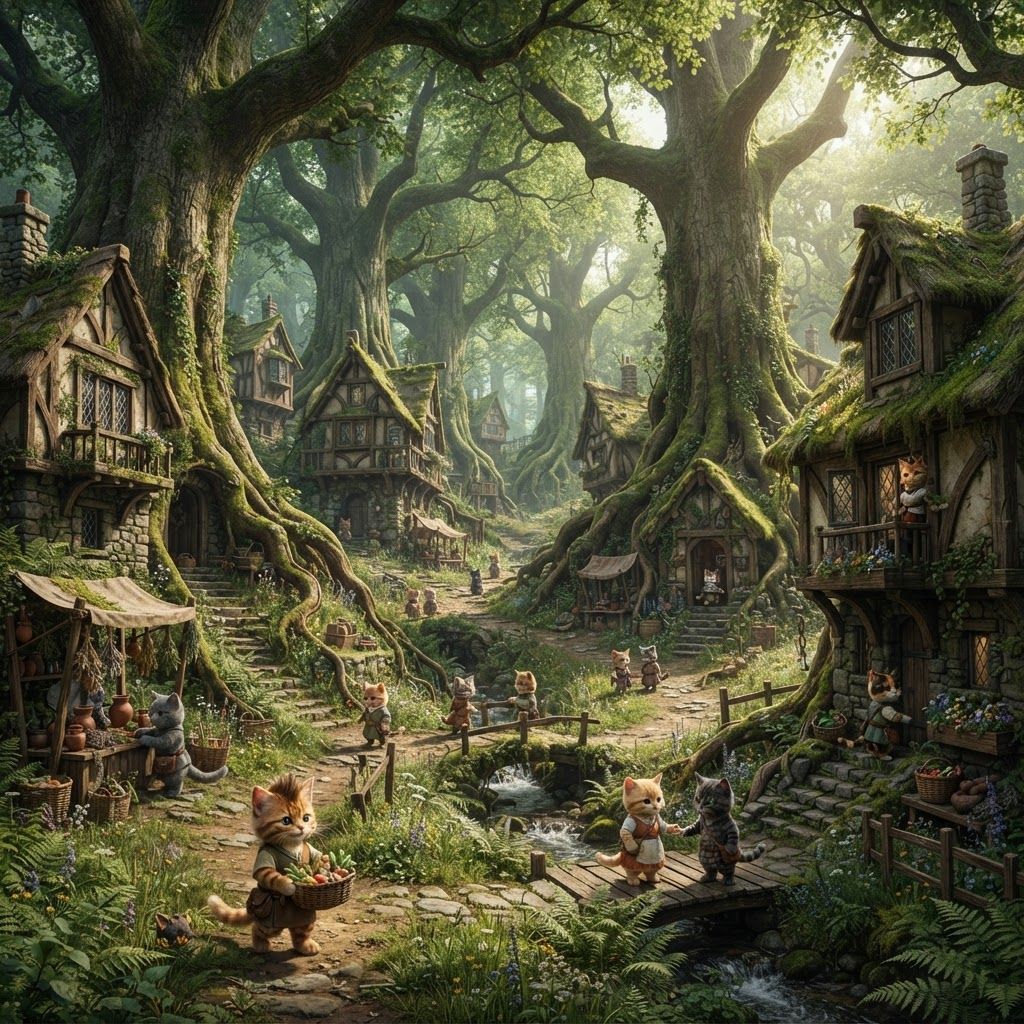 AI Design for 🌿 Elderwood Village — Daytime
> Photorealistic cinematic dark-fantasy establishing shot of Elderwood Village during a bright, peaceful daytime. A charming medieval woodland village sits deep within a vast ancient forest. The settlement is surrounded by many enormous trees, with thick textured trunks, sprawling roots, moss-covered bark and huge branches forming a lush canopy overhead.
The village itself is nestled naturally among the trees rather than clearing the forest. Rustic wooden cottages with stone foundations, crooked beams, wooden balconies and mossy roofs sit between the trunks. Winding dirt and cobblestone paths connect the buildings, with wooden fences, little bridges, market stalls, baskets, benches and flower boxes scattered naturally throughout the village.
The village is extremely lush and overgrown: dense bushes surround the houses and paths, with ferns, tall grass, wildflowers, vines, moss, small mushrooms and fallen leaves covering the forest floor. Tree roots emerge through the paths and wrap naturally around stones and buildings. The vegetation should feel like a real ancient forest that the village was built into, not a neatly landscaped garden.
Throughout the village are small bipedal cats. They are short, compact, realistic-looking anthropomorphic cats with believable feline anatomy, detailed fur, whiskers, paws and expressive faces. They walk upright on two legs and naturally go about their daily lives: carrying baskets, walking along paths, talking to one another, tending plants, working at stalls and entering their cottages. They wear simple medieval fantasy clothing such as little tunics, cloaks, aprons, belts and small satchels. They should remain relatively small compared with the enormous trees surrounding them.
Bright natural daylight shines through gaps in the canopy, producing realistic patches of sunlight across the village. Warm sunlight illuminates the green foliage while the deeper areas beneath the trees remain naturally cool and shaded. Leaves gently catch the sunlight, creating a rich layered forest atmosphere.
Photorealistic live-action dark-fantasy cinematography, realistic small bipedal cats, highly detailed natural fur, realistic trees, bark, leaves, bushes, moss, stone and wood, physically believable daylight and shadows, natural imperfections, cinematic depth of field, subtle film grain, atmospheric perspective, beautiful nostalgic fantasy-film feeling.
No cartoon, no illustration, no anime, no 3D animation, no giant cats, no oversized humanoid proportions, no futuristic architecture, no overly saturated colors.